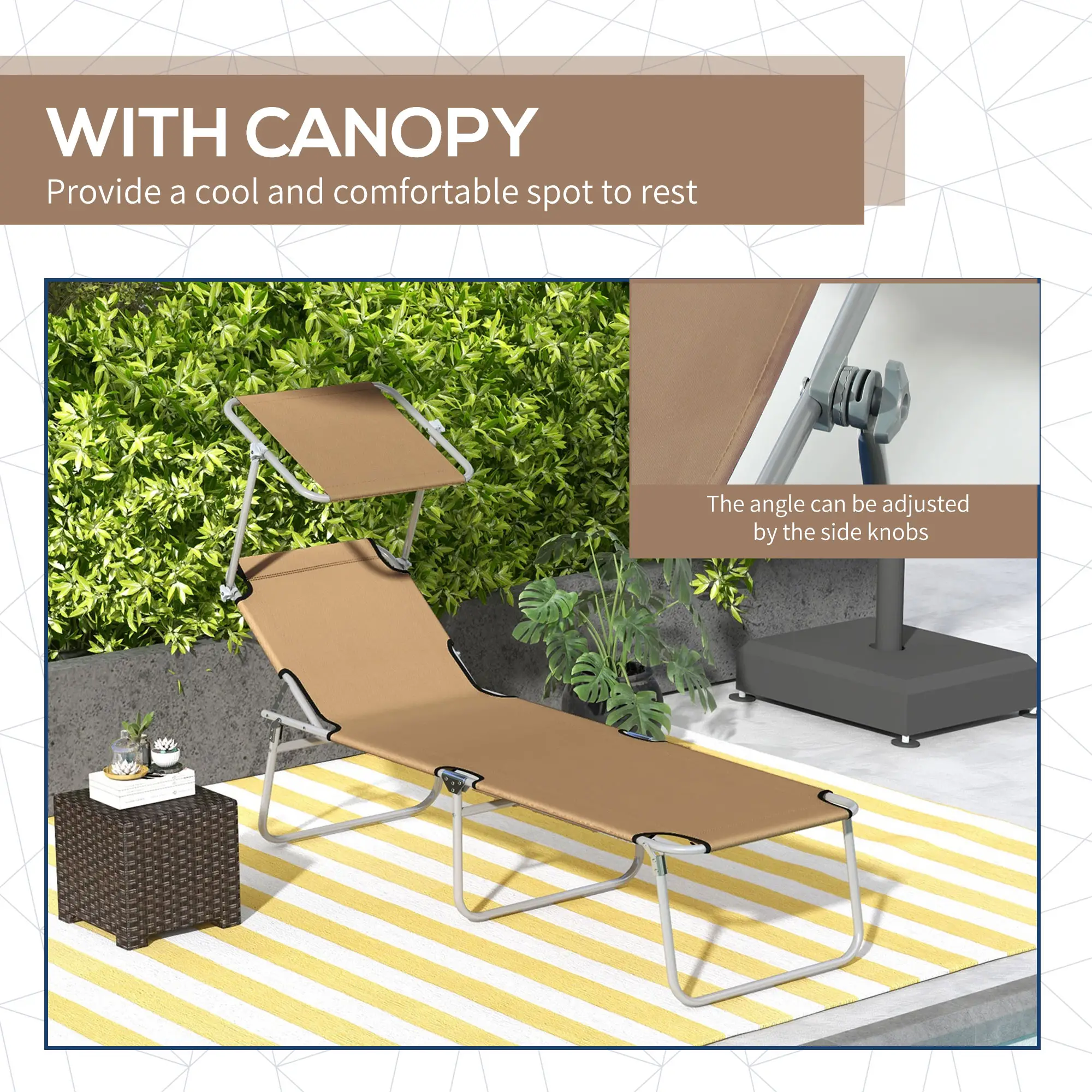 Adjustable Folding Chaise Lounge, Outdoor Chair With Sun Shade, Brown - Image 6
