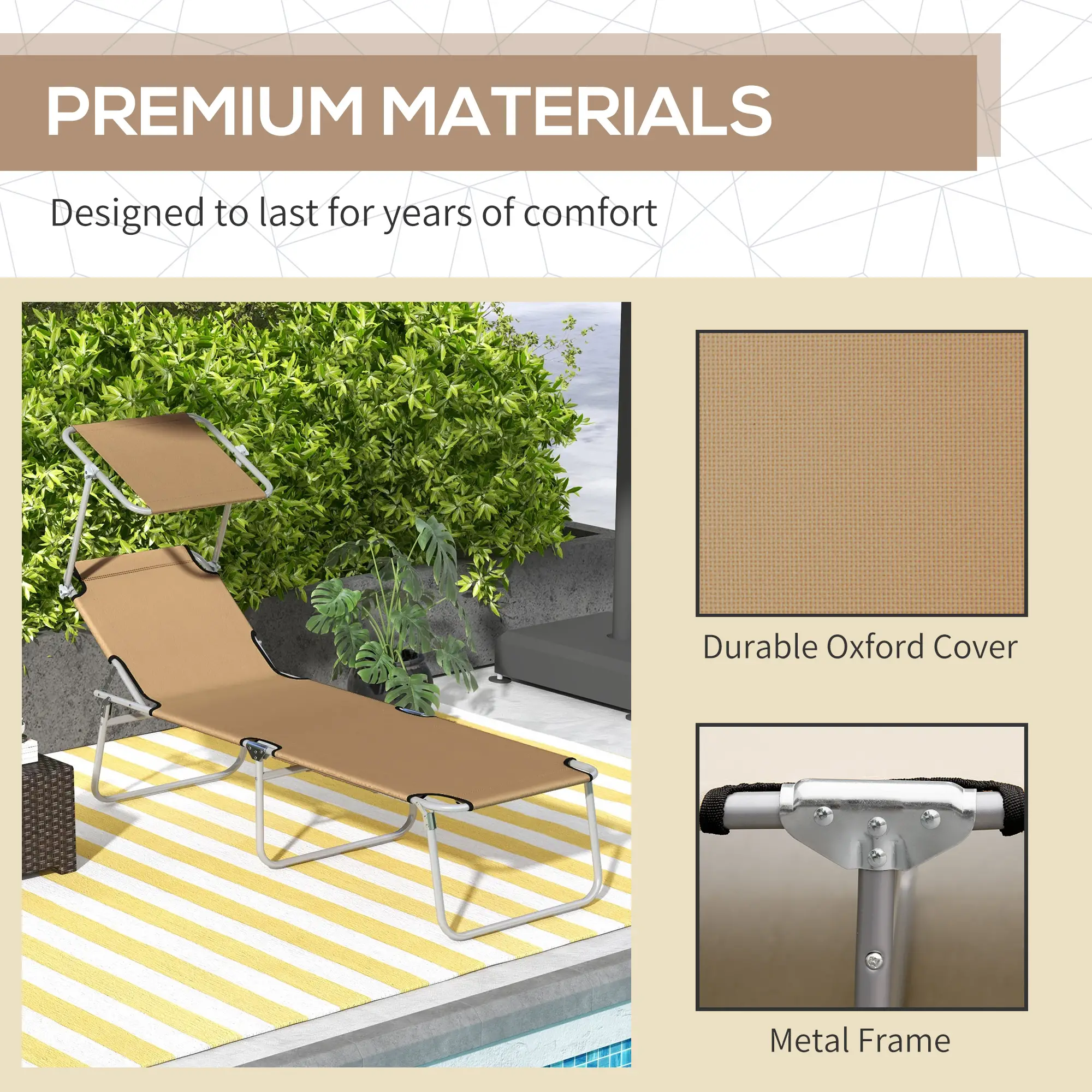 Adjustable Folding Chaise Lounge, Outdoor Chair With Sun Shade, Brown - Image 7