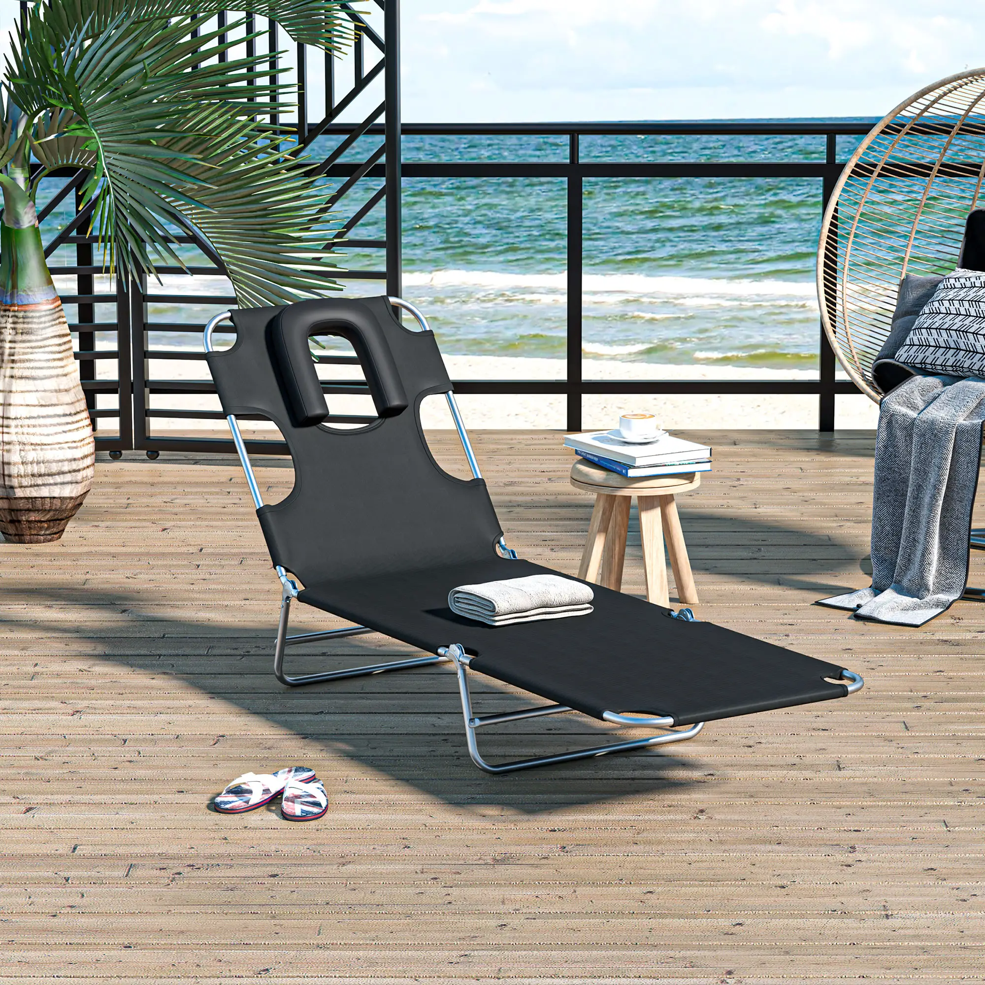 Adjustable Folding Chaise Lounge, Outdoor Tanning Chair, Black - Image 8