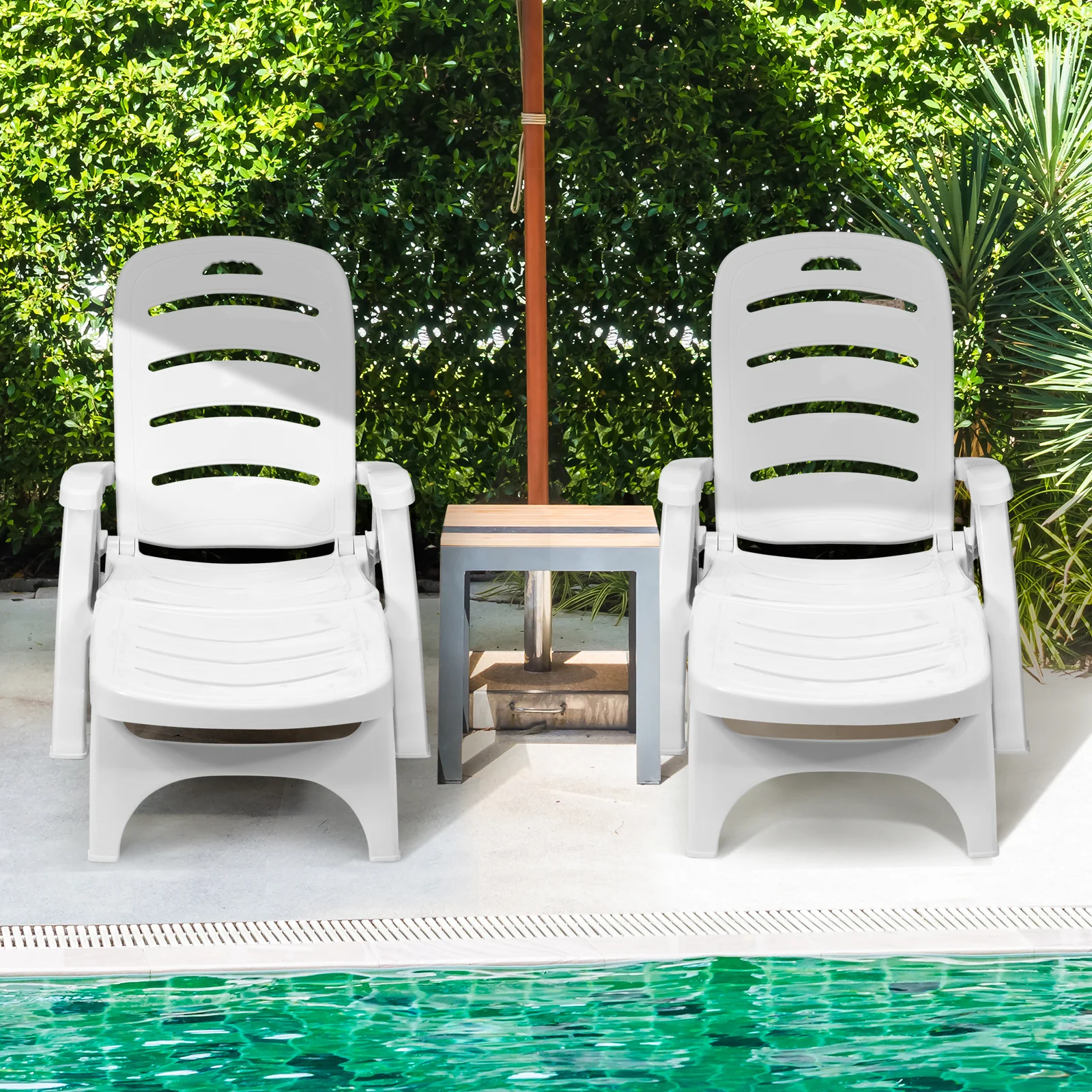 Adjustable Folding Lounger Chaise Chair On Wheels, White - Image 10