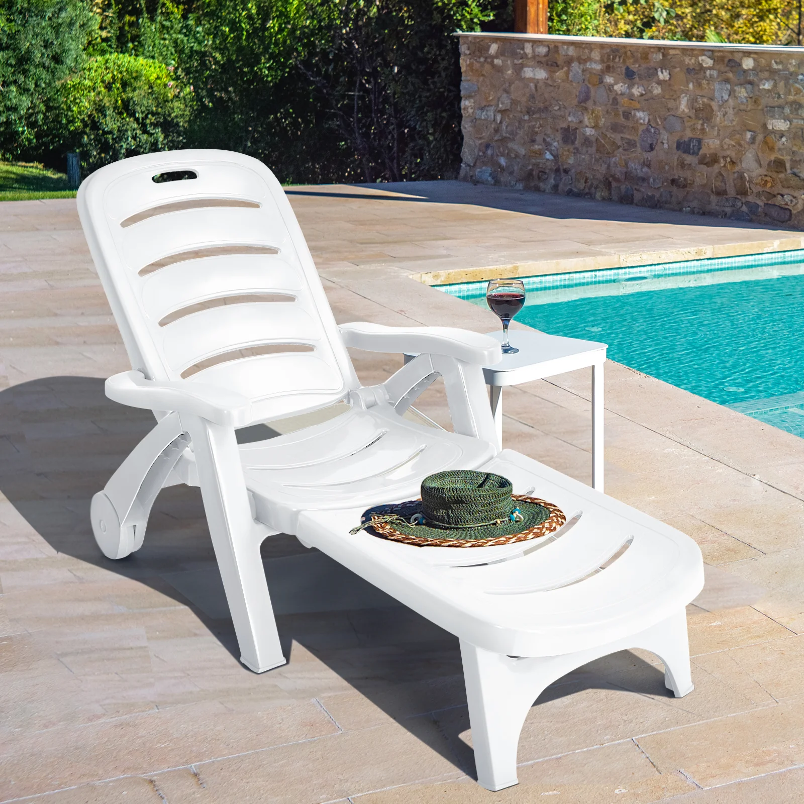 Adjustable Folding Lounger Chaise Chair On Wheels, White - Image 2