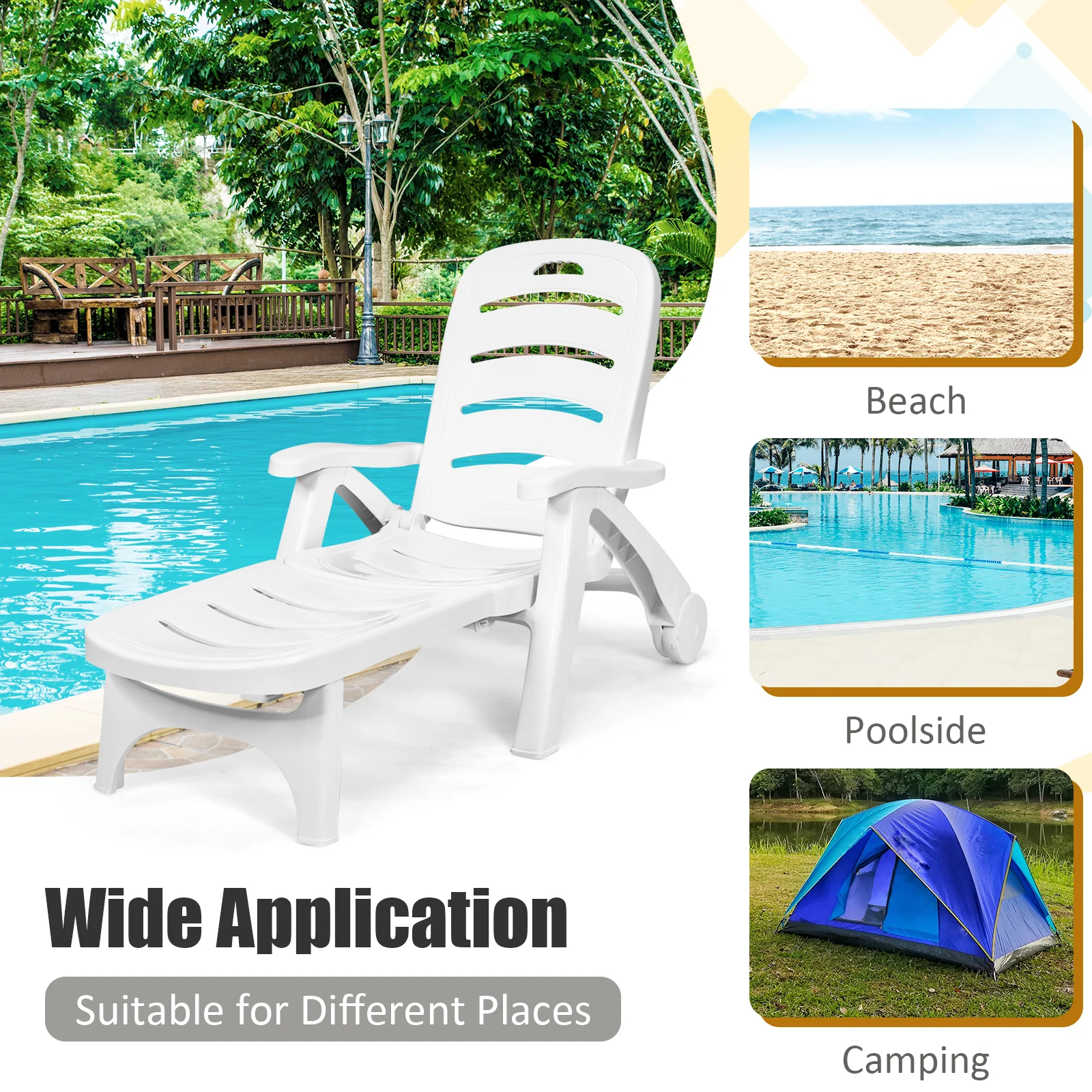 Adjustable Folding Lounger Chaise Chair On Wheels, White - Image 3