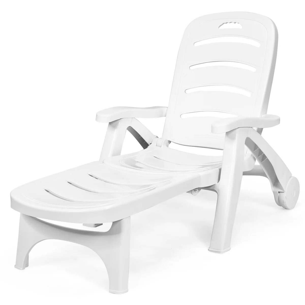 Adjustable Folding Lounger Chaise Chair On Wheels, White - Image 4