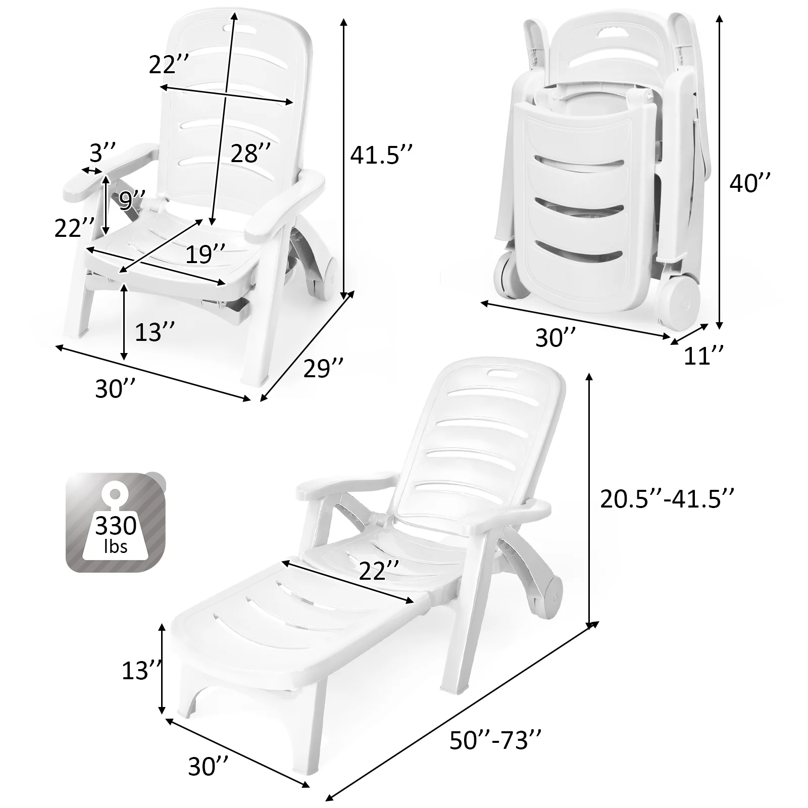 Adjustable Folding Lounger Chaise Chair On Wheels, White - Image 5