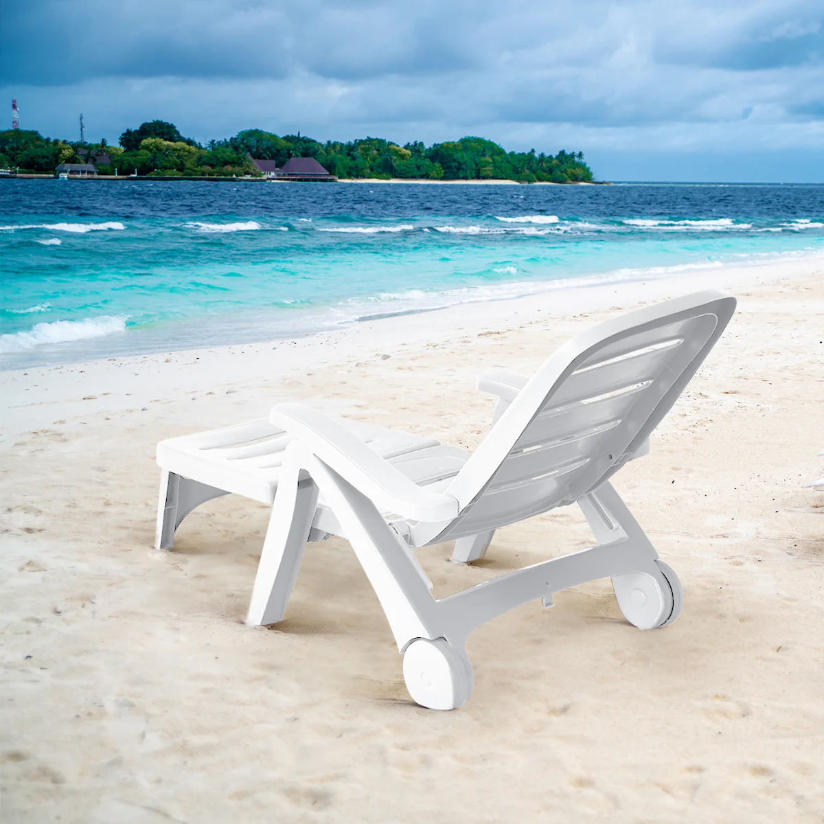 Adjustable Folding Lounger Chaise Chair On Wheels, White - Image 7