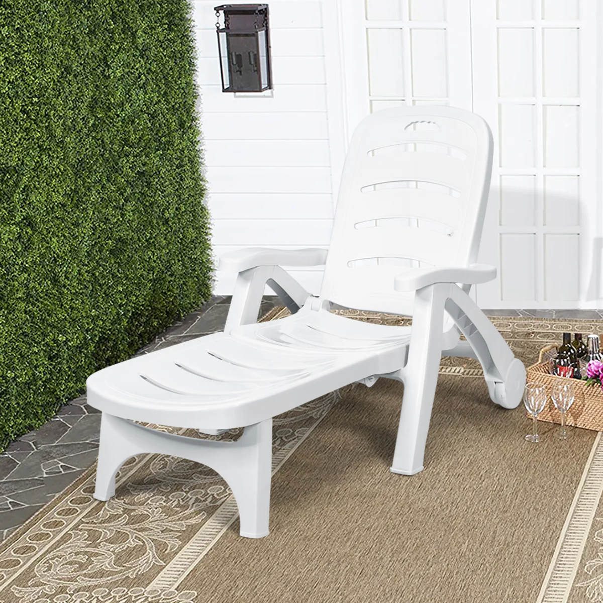 Adjustable Folding Lounger Chaise Chair On Wheels, White - Image 8