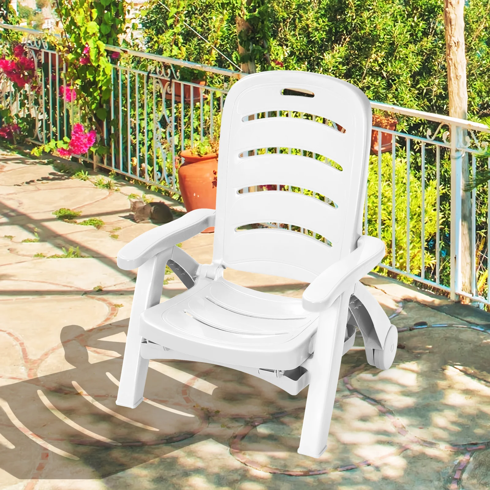 Adjustable Folding Lounger Chaise Chair On Wheels, White - Image 9