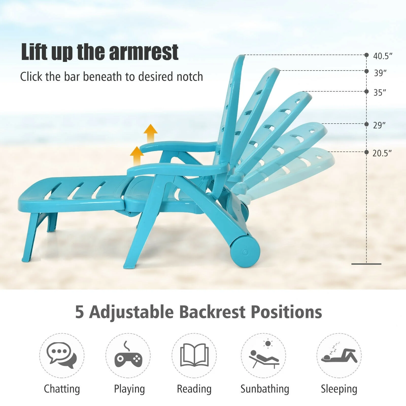 Adjustable Folding Lounger Chaise Chair, Turquoise - Image 3