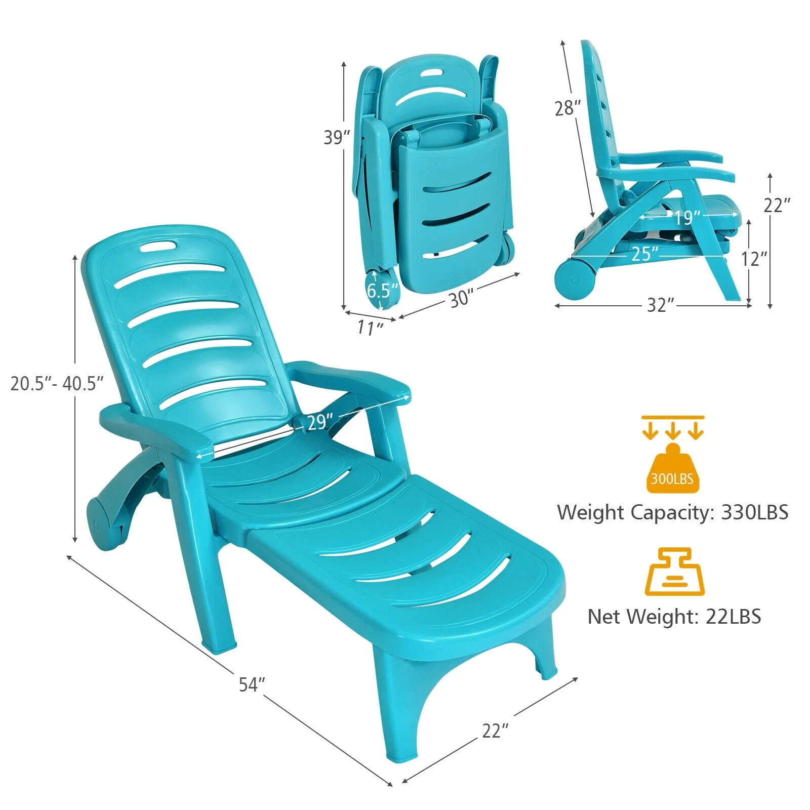 Adjustable Folding Lounger Chaise Chair, Turquoise - Image 5