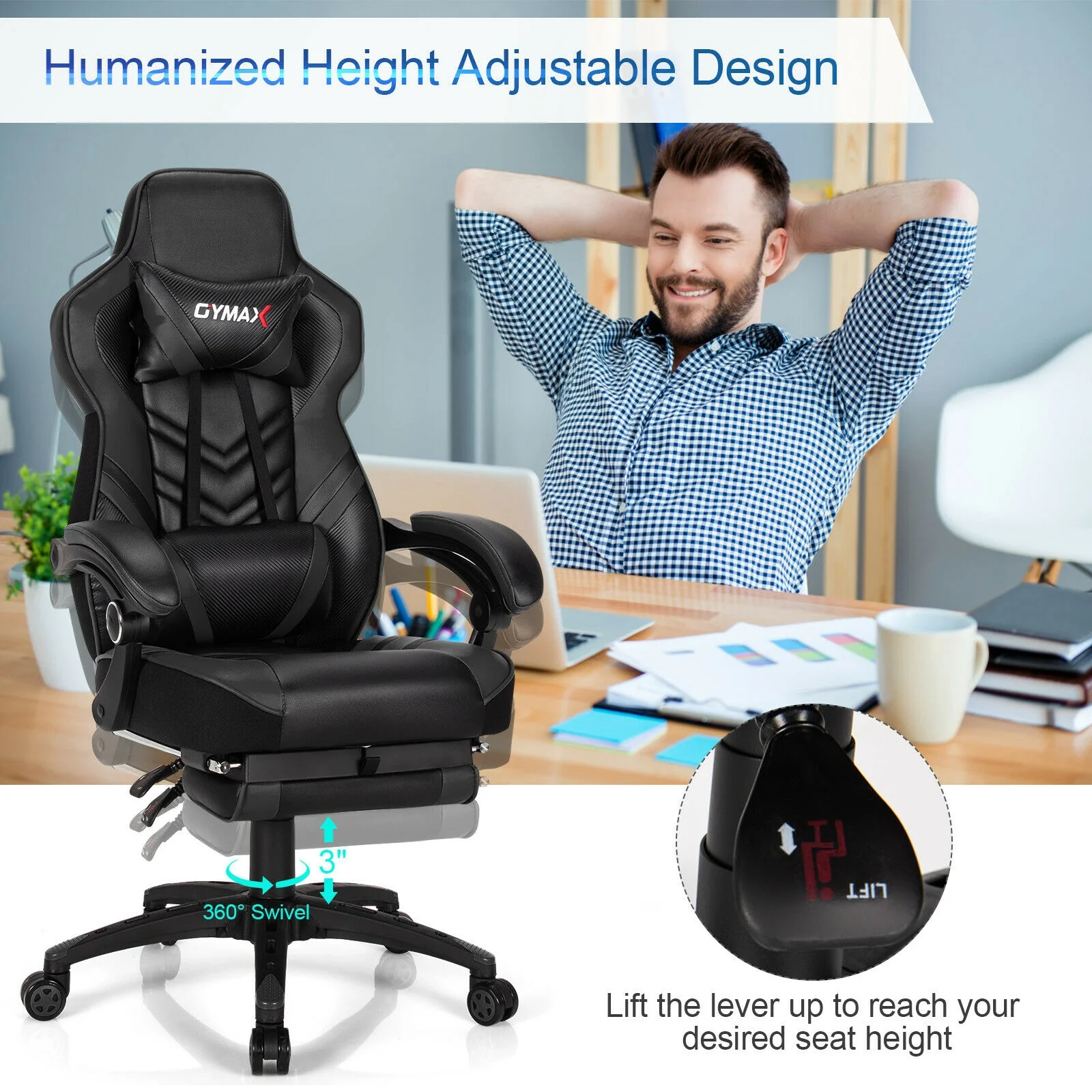 Adjustable Gaming Chair With Footrest, Black - Image 8