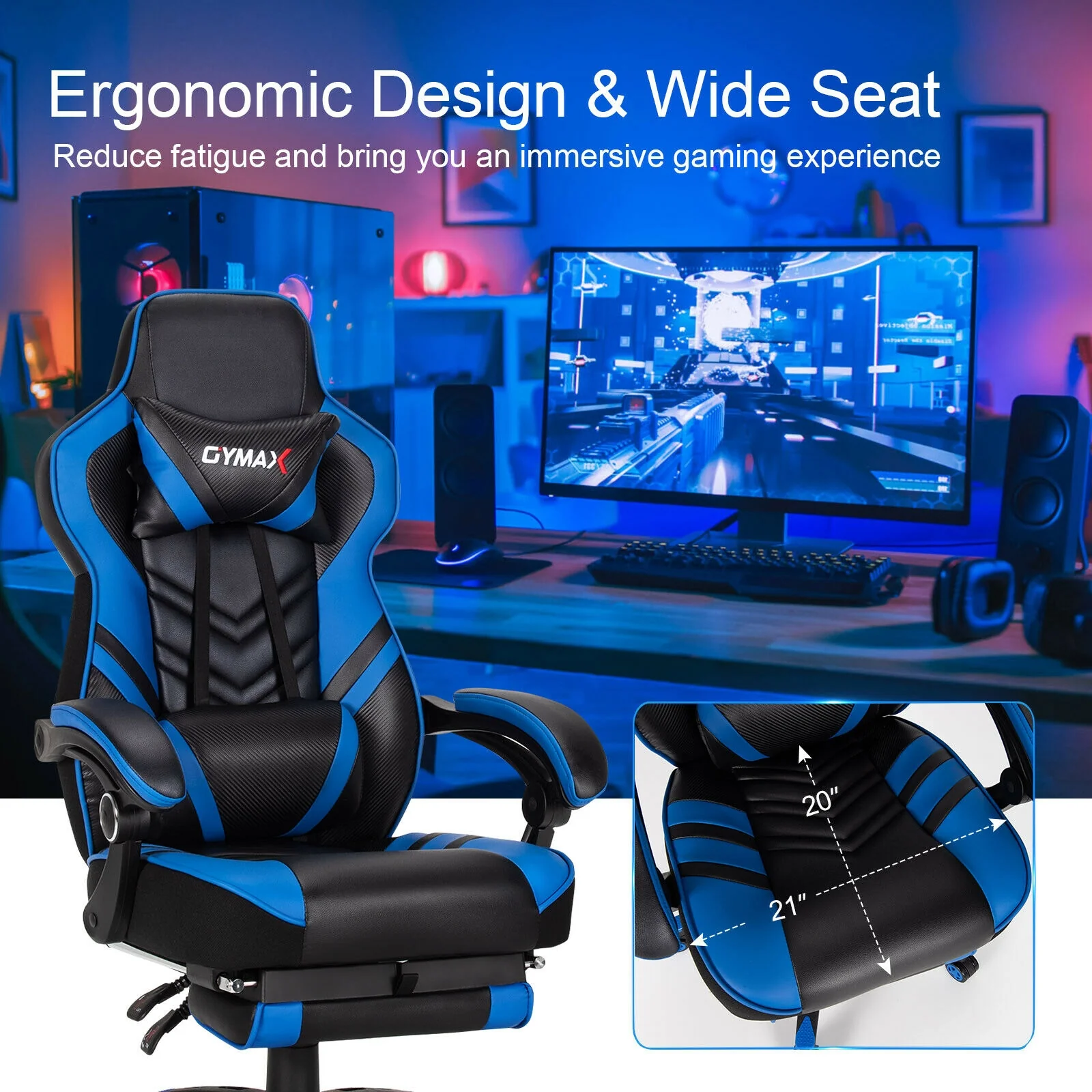 Adjustable Gaming Chair With Footrest, Blue - Image 8