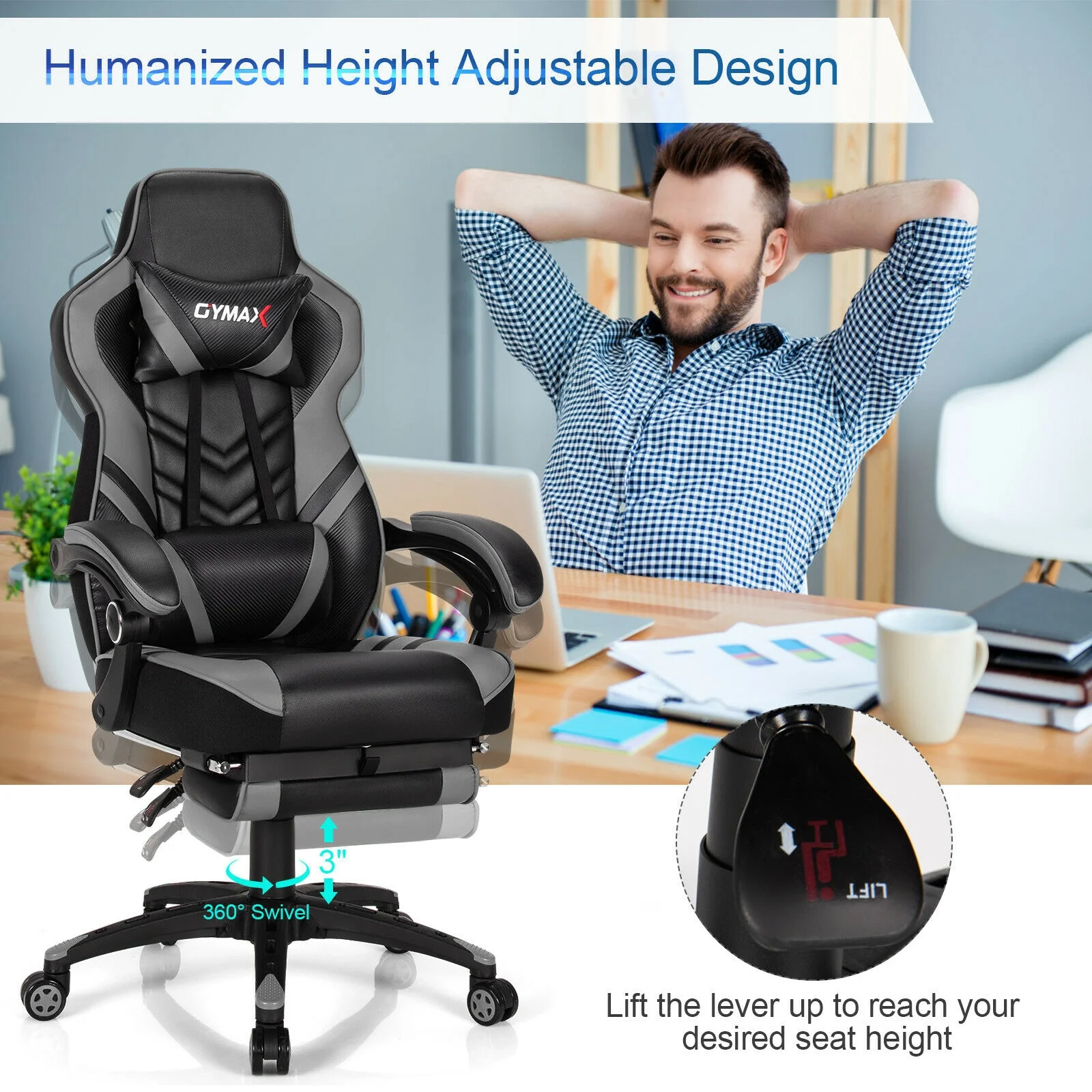 Adjustable Gaming Chair With Footrest, Gray - Image 10