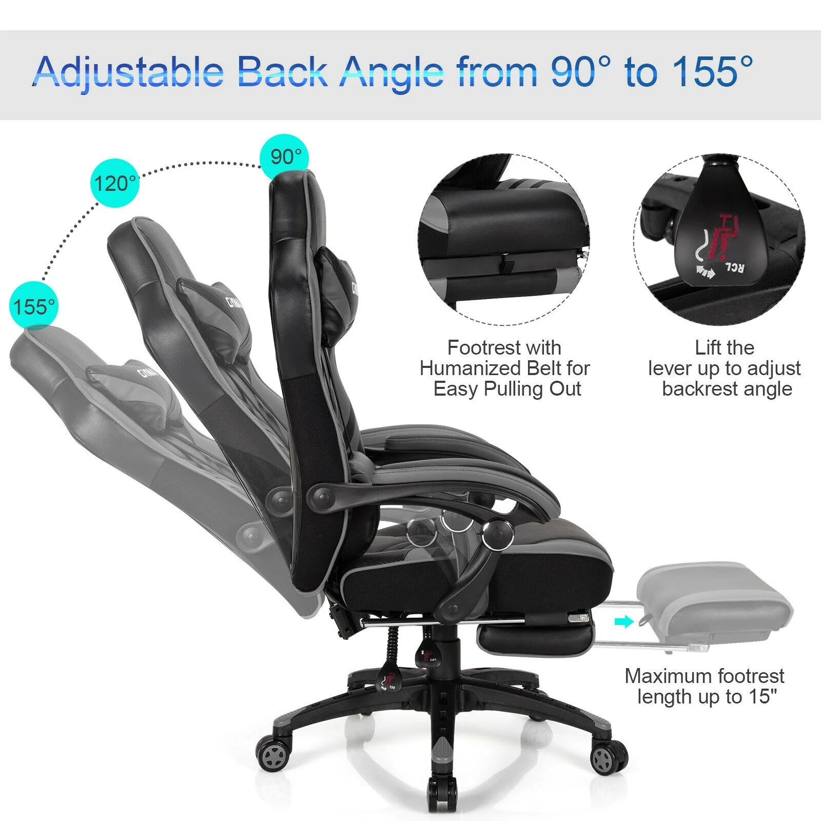 Adjustable Gaming Chair With Footrest, Gray - Image 7