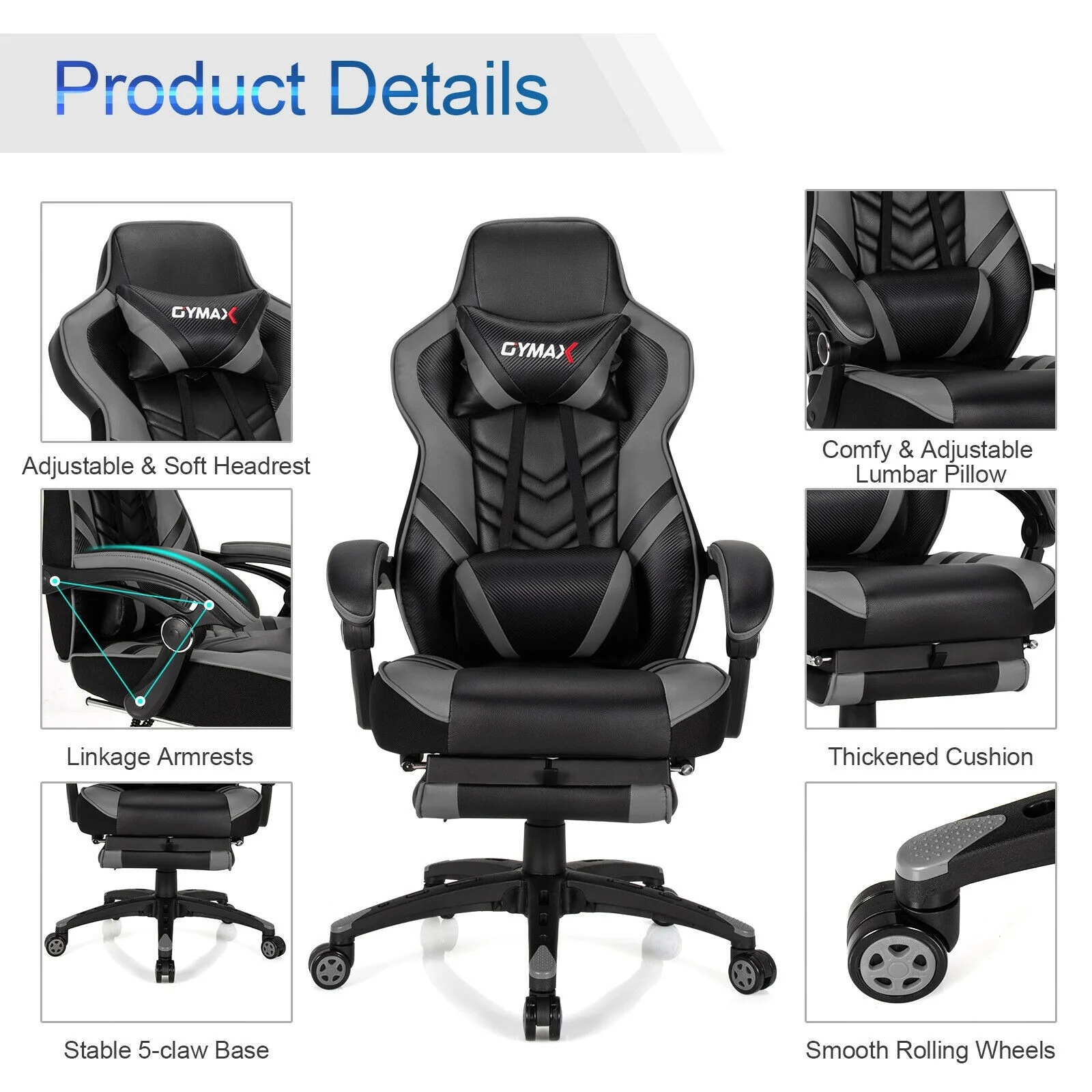 Adjustable Gaming Chair With Footrest, Gray - Image 9
