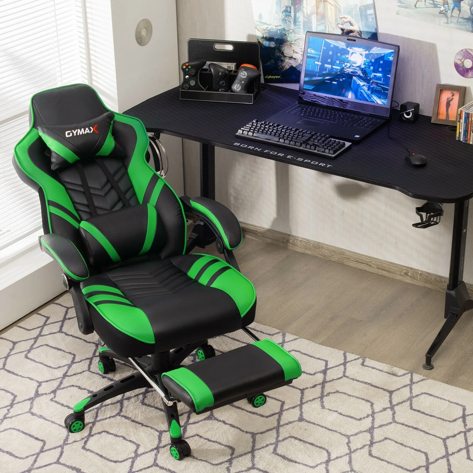 Adjustable Gaming Chair With Footrest, Green - Image 3