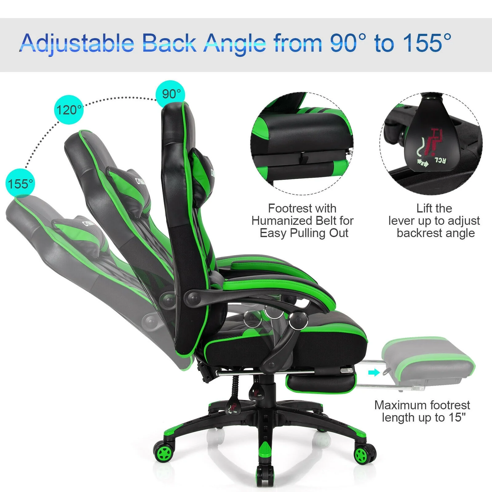 Adjustable Gaming Chair With Footrest, Green - Image 8