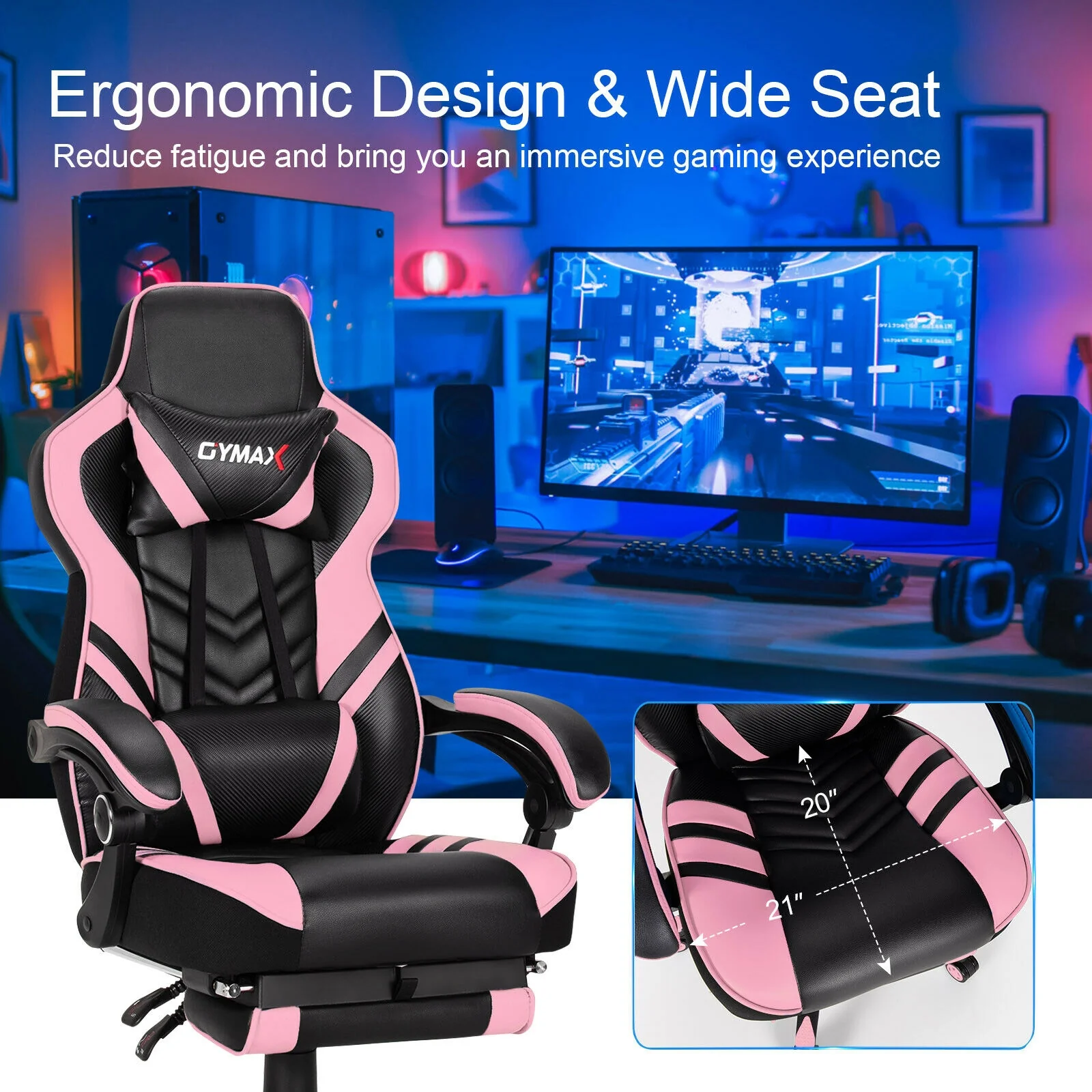 Adjustable Gaming Chair With Footrest, Pink - Image 8
