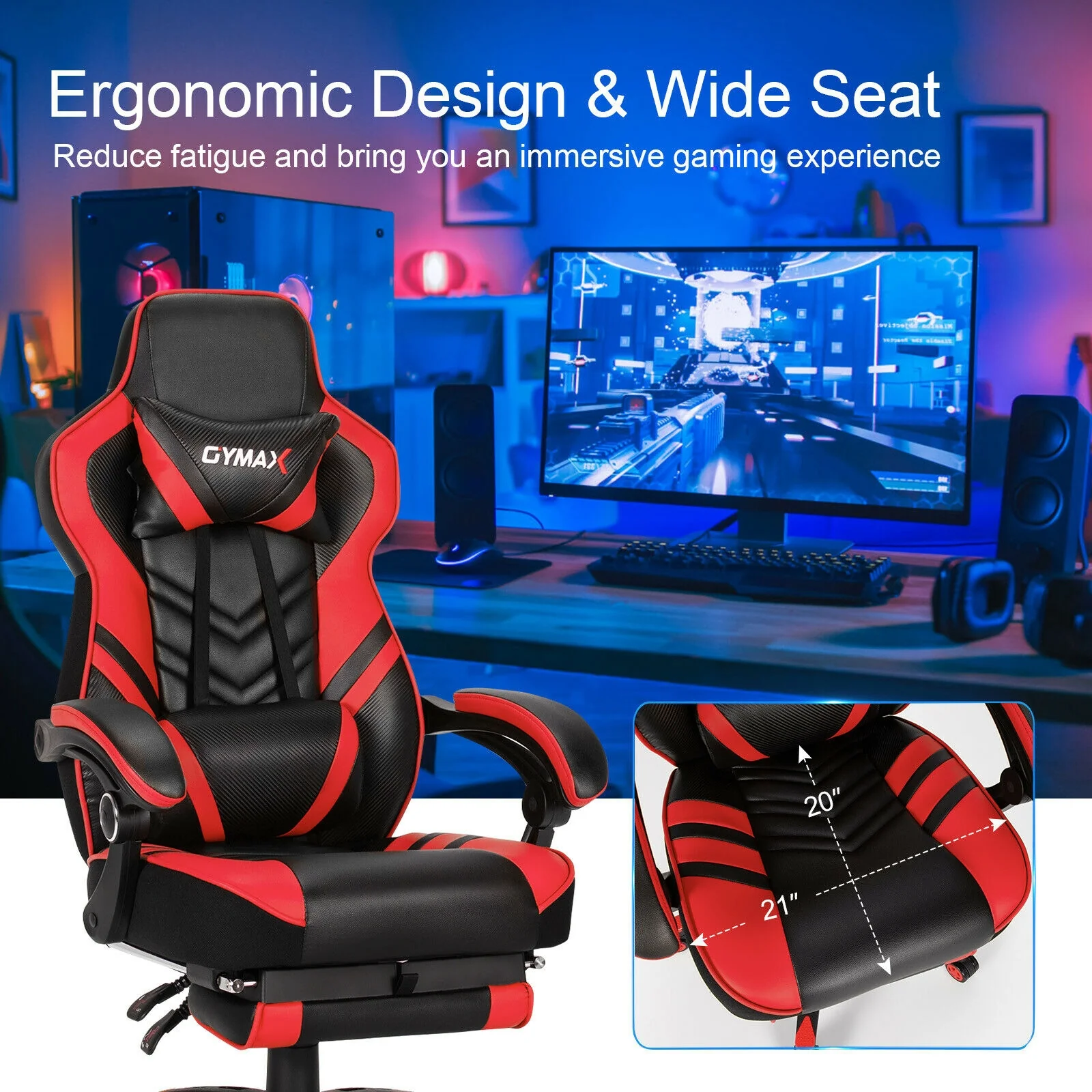 Adjustable Gaming Chair With Footrest, Red - Image 7