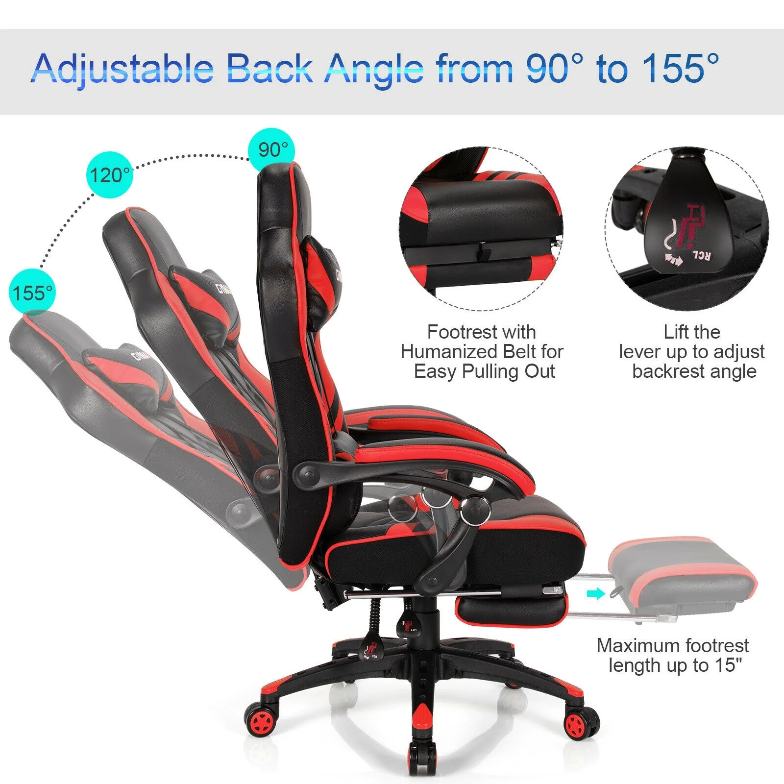 Adjustable Gaming Chair With Footrest, Red - Image 9