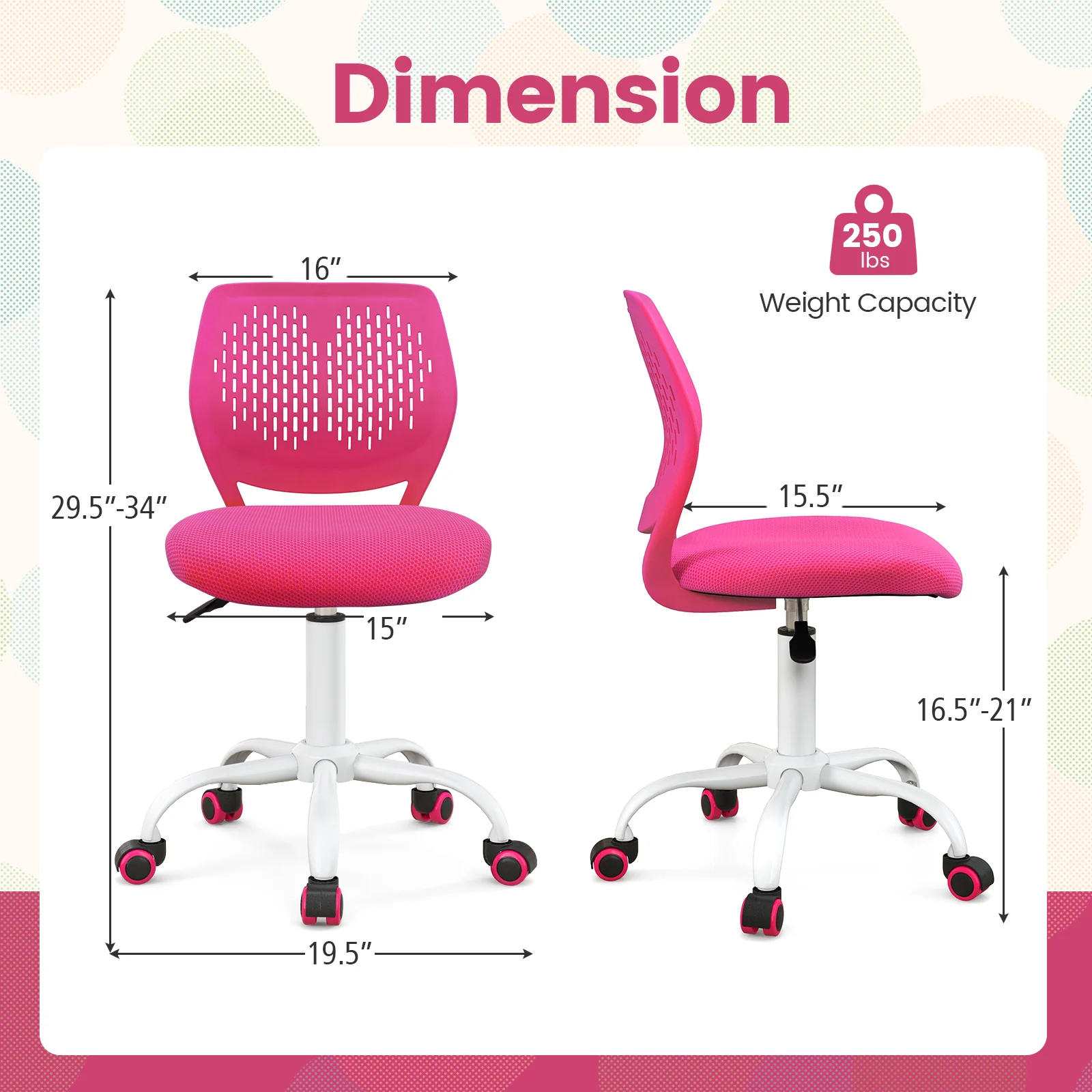 Adjustable Height Ergonomic Study Chair, Pink - Image 5
