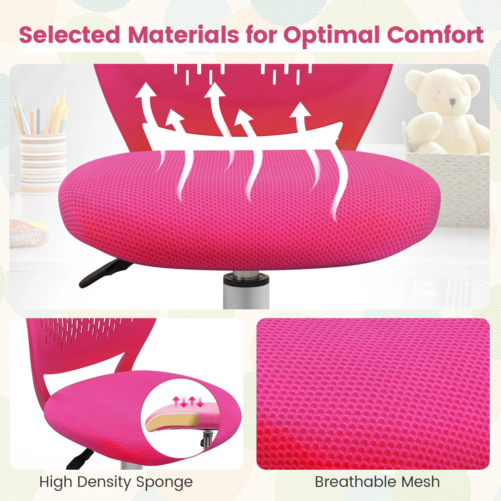 Adjustable Height Ergonomic Study Chair, Pink - Image 8