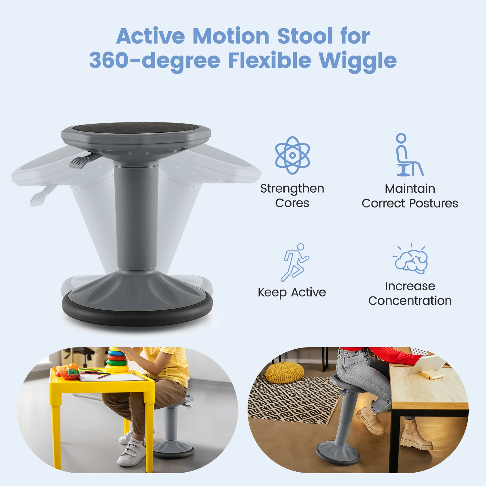 Adjustable Height Wobble Chair, Active Learning Stool For Office Desk, Gray - Image 6