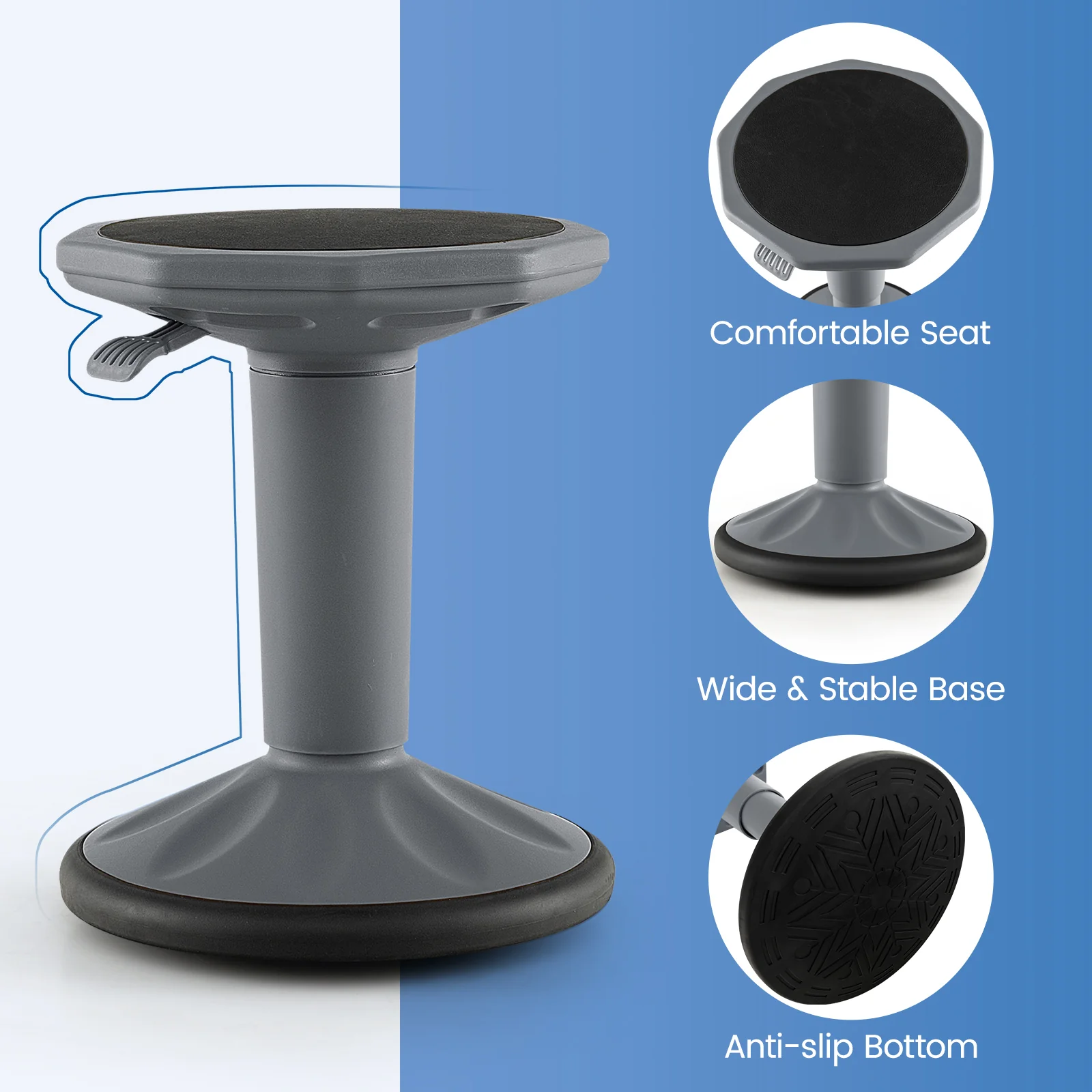 Adjustable Height Wobble Chair, Active Learning Stool For Office Desk, Gray - Image 7