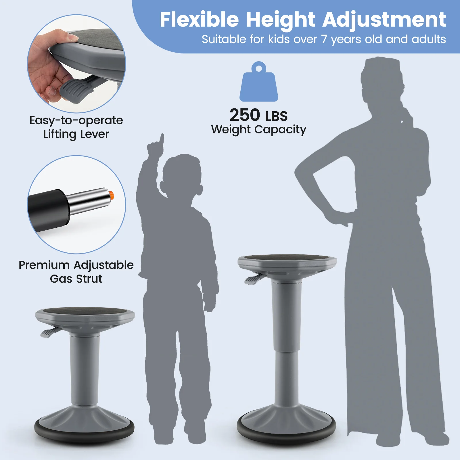 Adjustable Height Wobble Chair, Active Learning Stool For Office Desk, Gray - Image 9