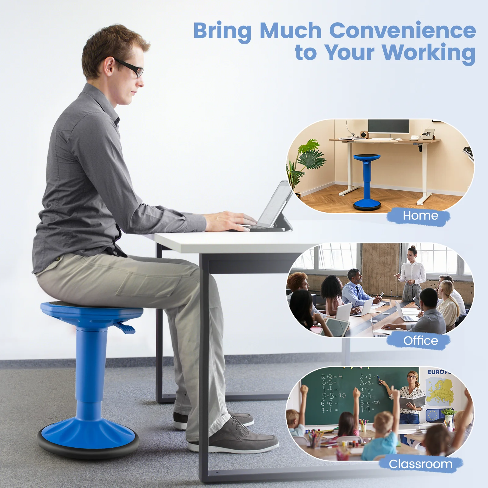 Adjustable Height Wobble Chair, Active Learning Stool, Navy - Image 10