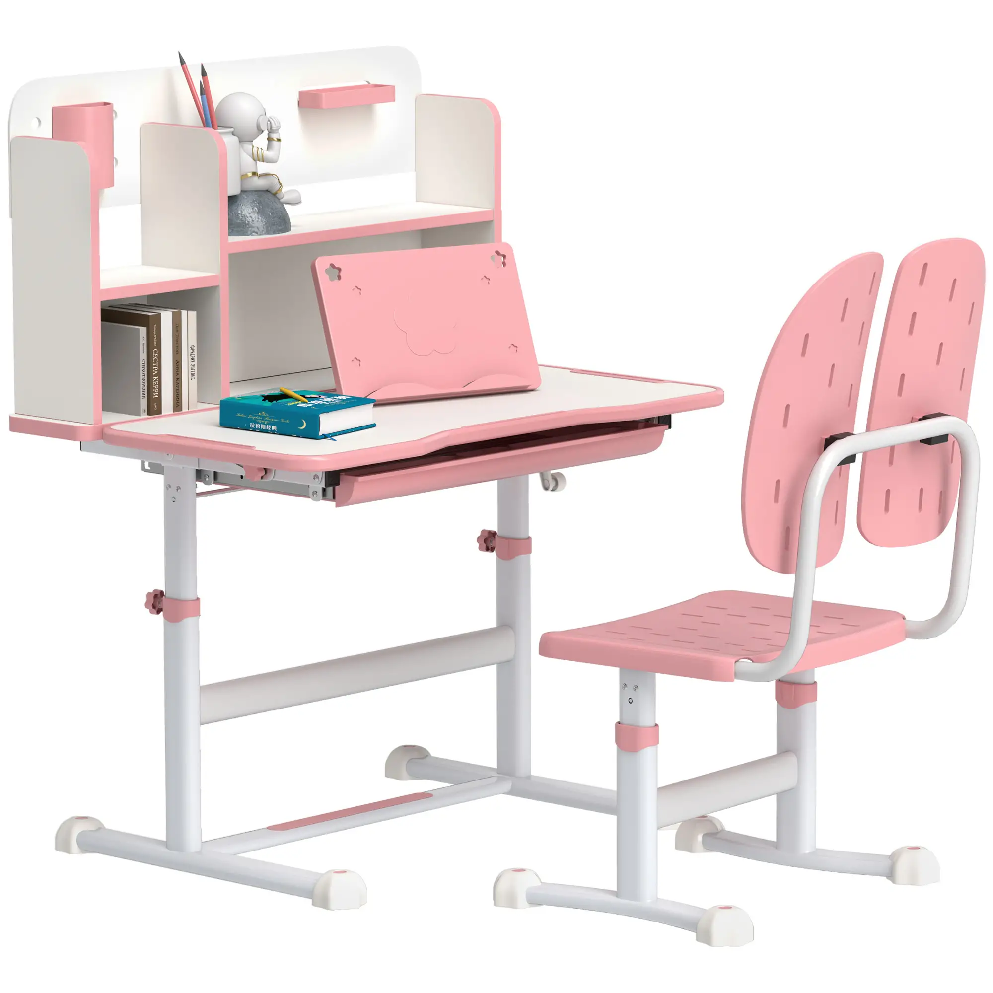 Adjustable Kids Desk and Chair Set, Study Table with Drawer, Pink - Image 11