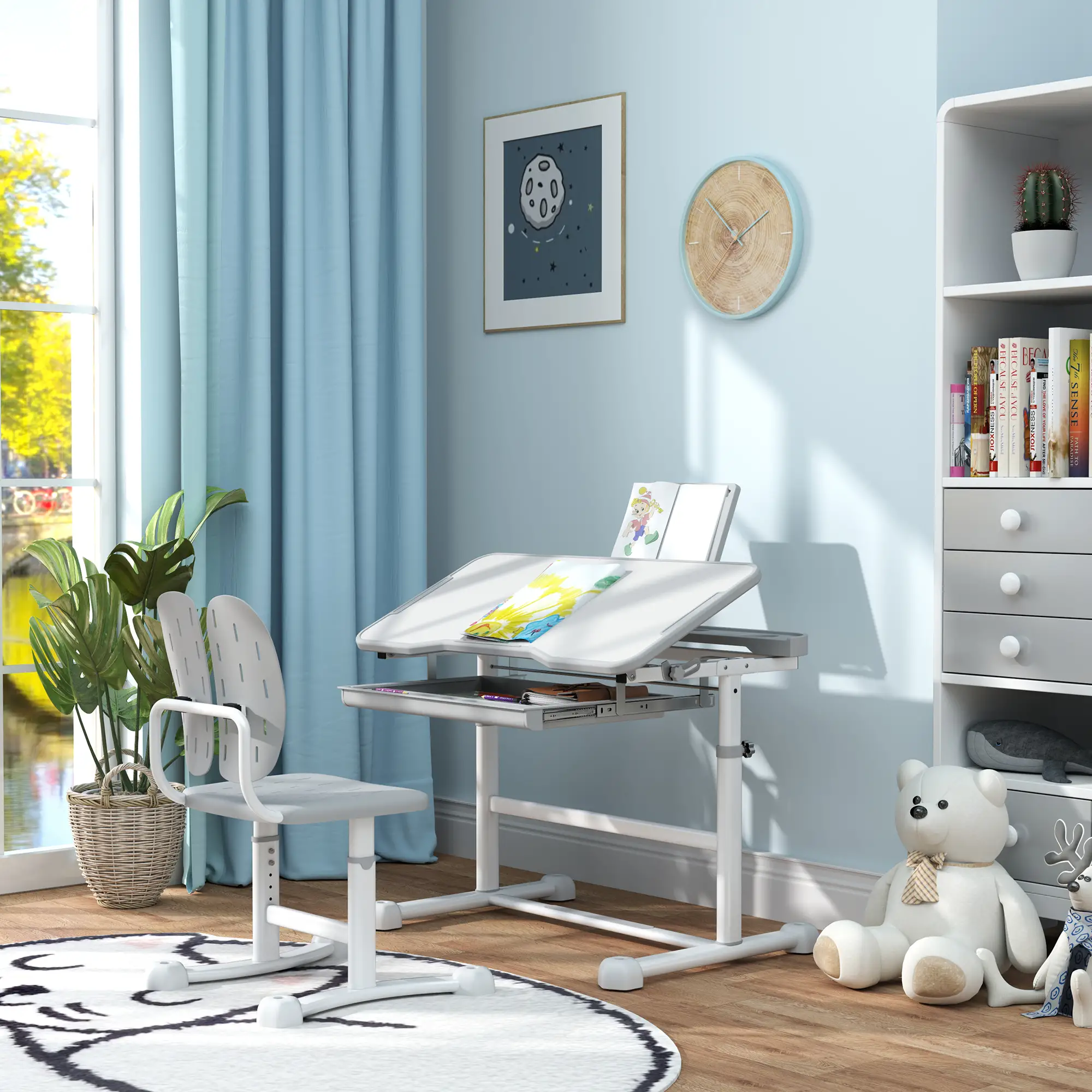 Adjustable Kids Desk and Chair Set, Tilt Desktop, Large Board, Drawer, Grey - Image 10