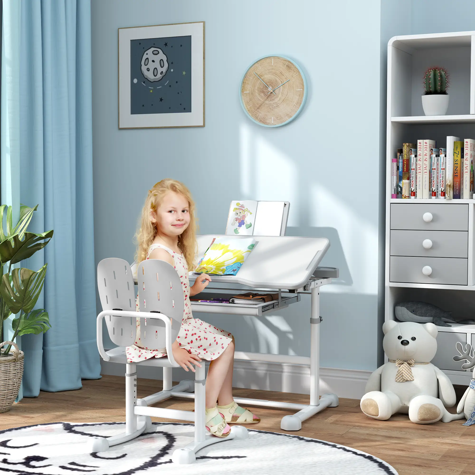 Adjustable Kids Desk and Chair Set, Tilt Desktop, Large Board, Drawer, Grey - Image 2