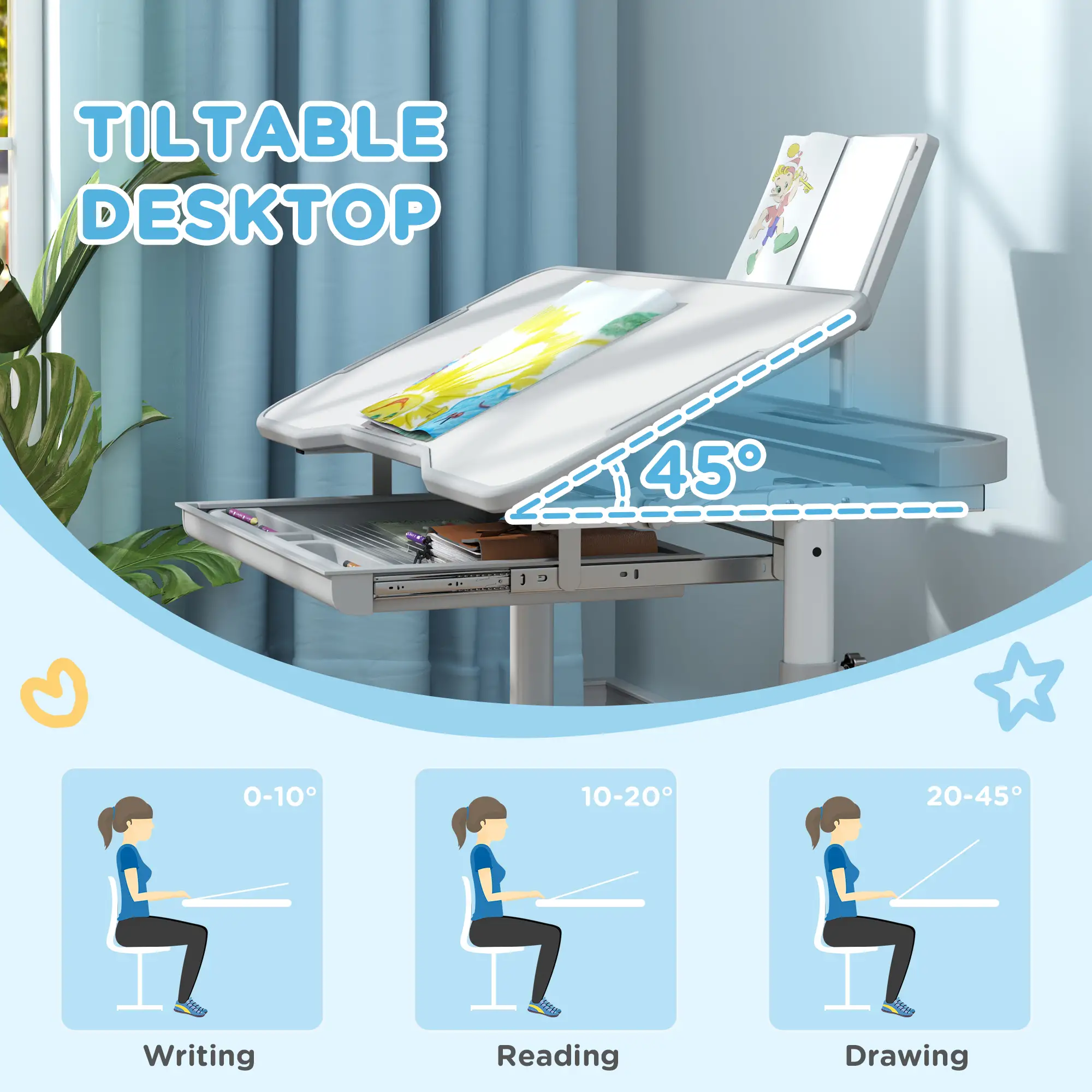 Adjustable Kids Desk and Chair Set, Tilt Desktop, Large Board, Drawer, Grey - Image 4