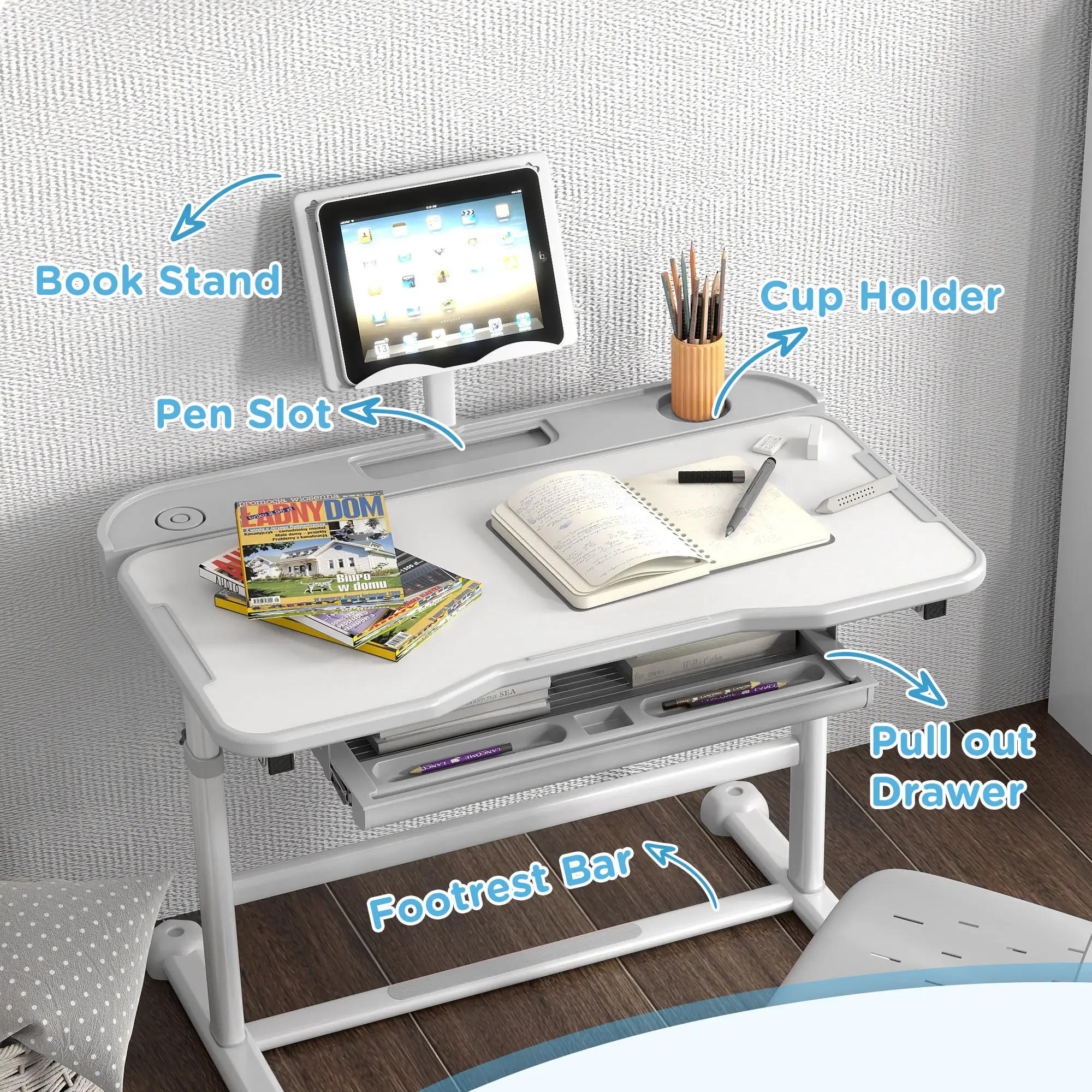 Adjustable Kids Desk and Chair Set, Tilt Desktop, Large Board, Drawer, Grey - Image 7