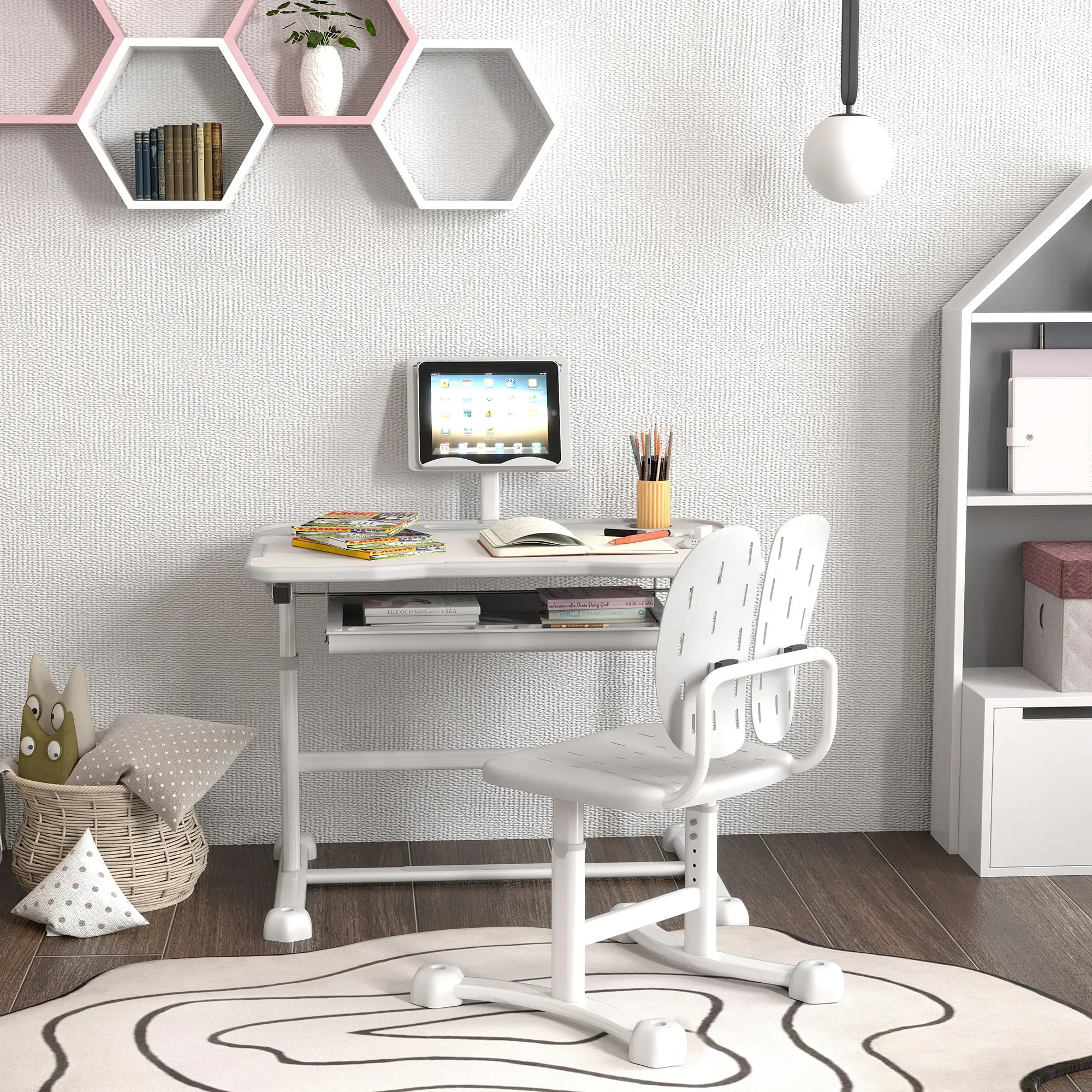 Adjustable Kids Desk and Chair Set, Tilt Desktop, Large Board, Drawer, Grey - Image 9