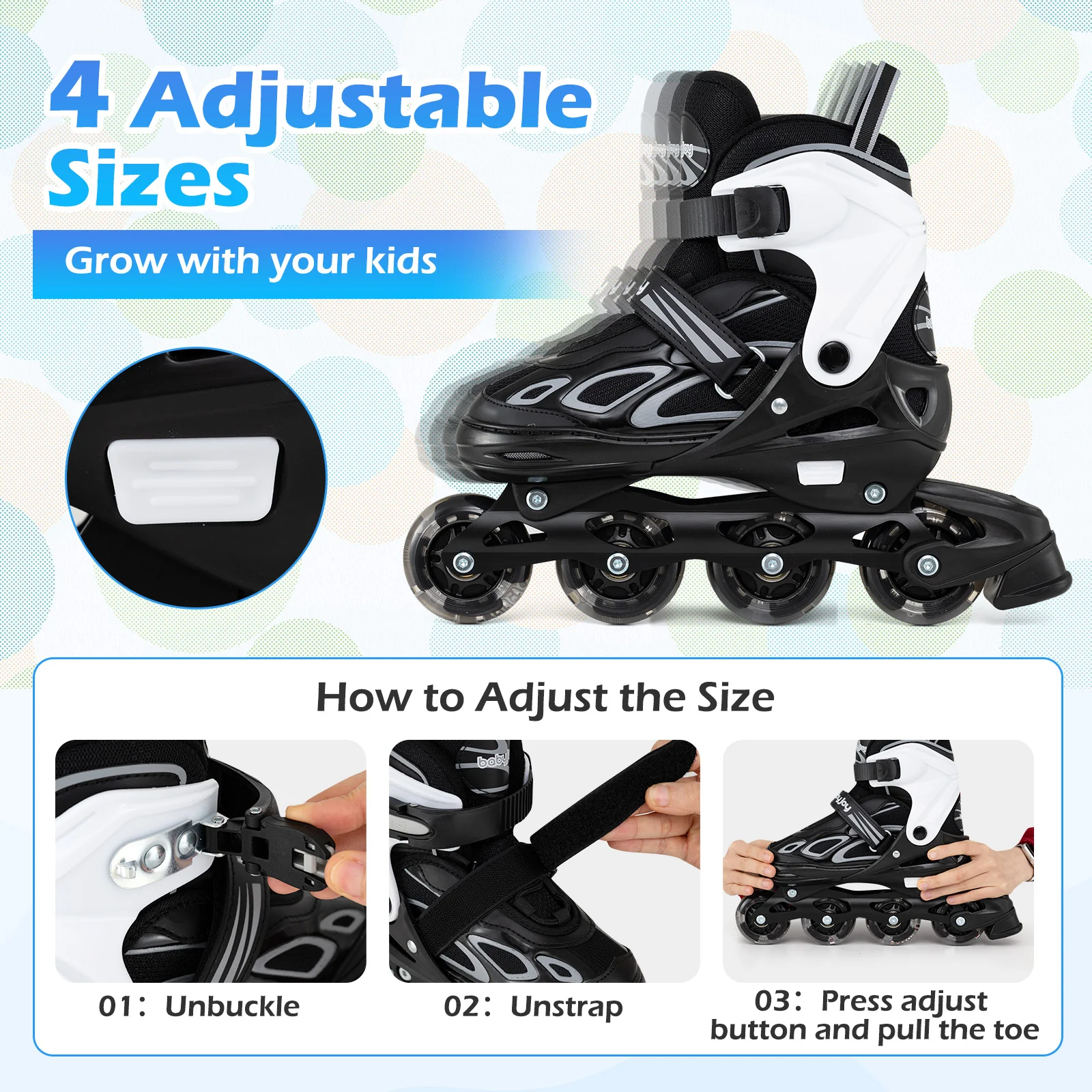 Adjustable Kids' Incline Skates 4 Sizes Adjustable Blade Roller, Black - Image 8