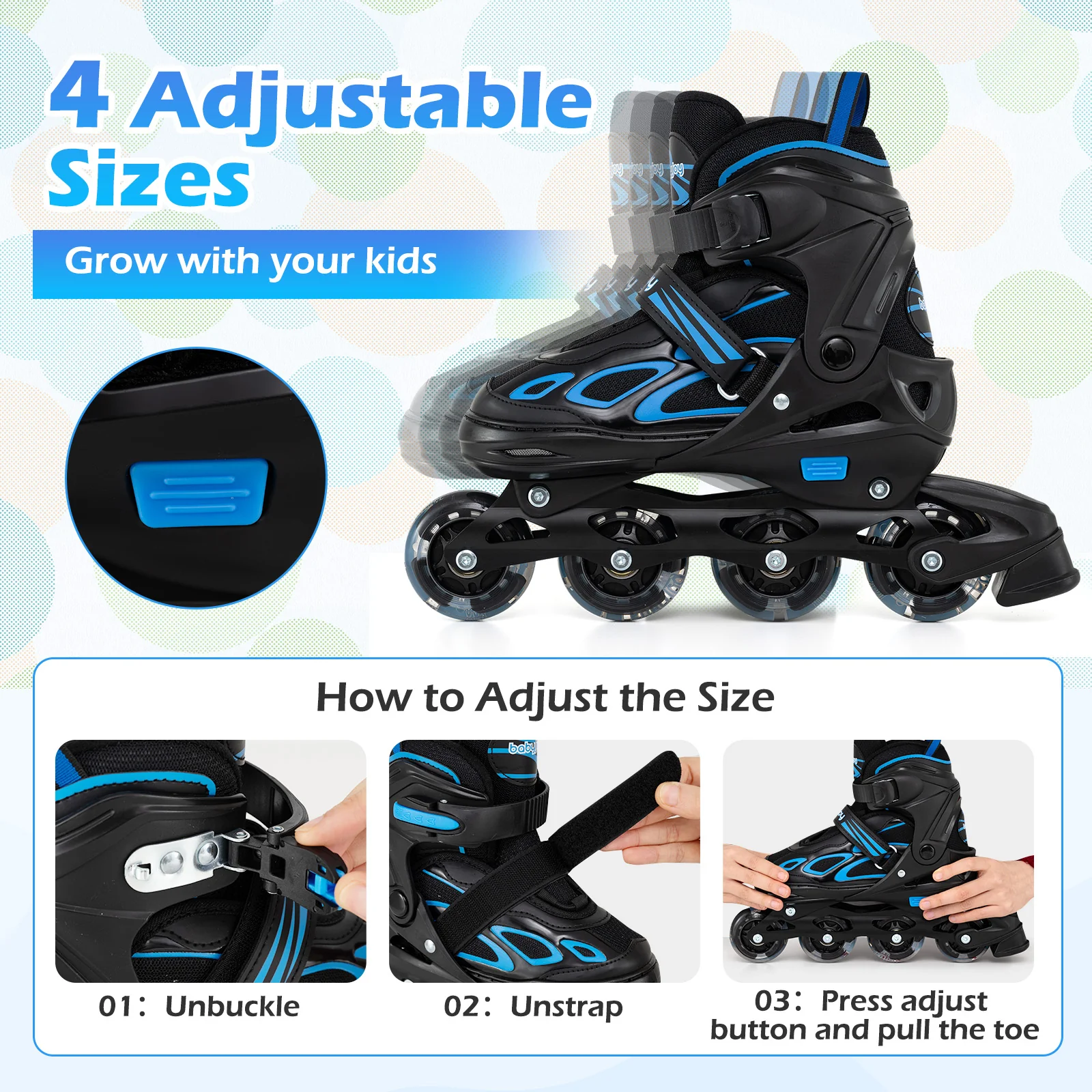 Adjustable Kids' Incline Skates 4 Sizes Adjustable Blade Roller, Blue - Image 8