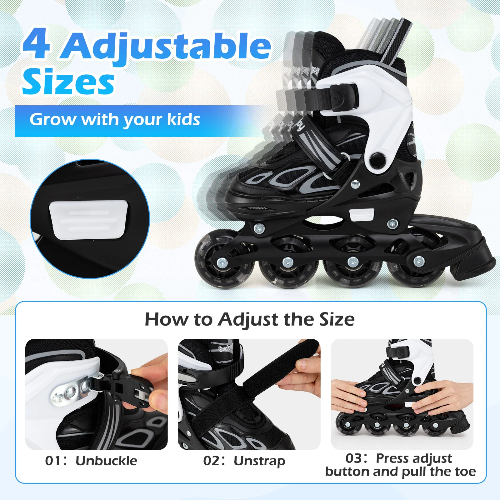 Adjustable Kids' Incline Skates for Boys Girls Ages 5-14, Black - Image 8