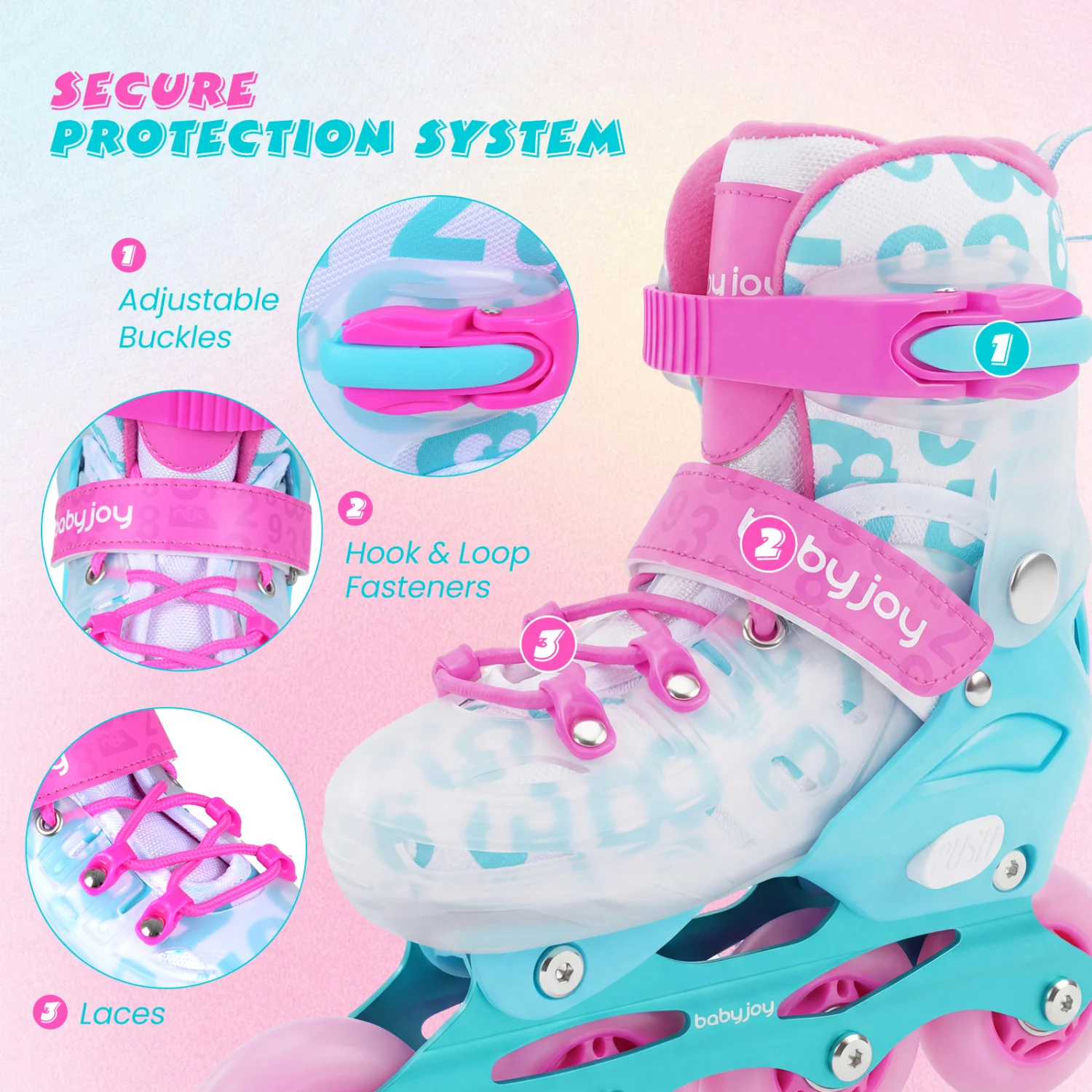 Adjustable Kids Inline Skates, 4-Size, Blue And Pink - Image 10