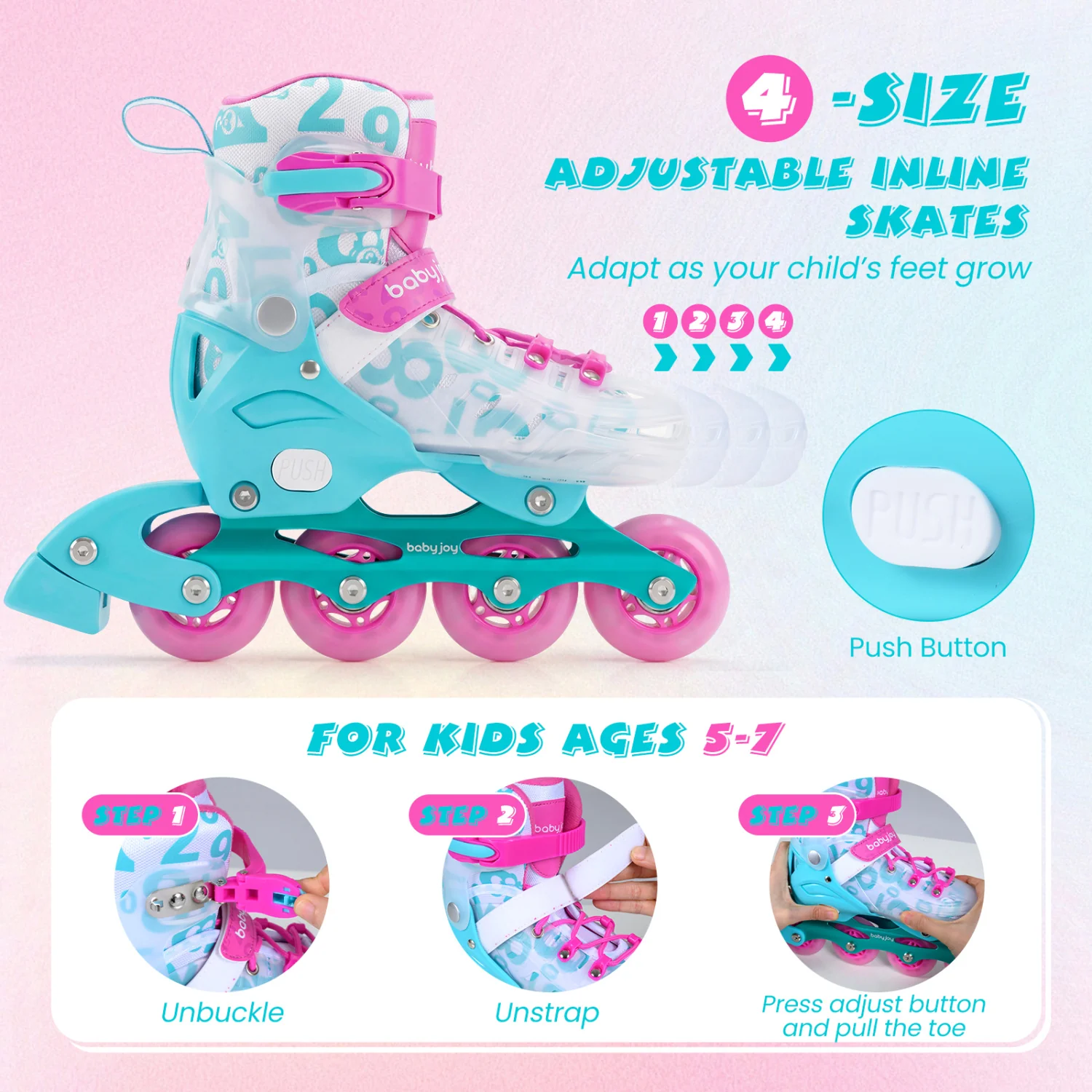 Adjustable Kids Inline Skates, 4-Size, Blue And Pink - Image 7