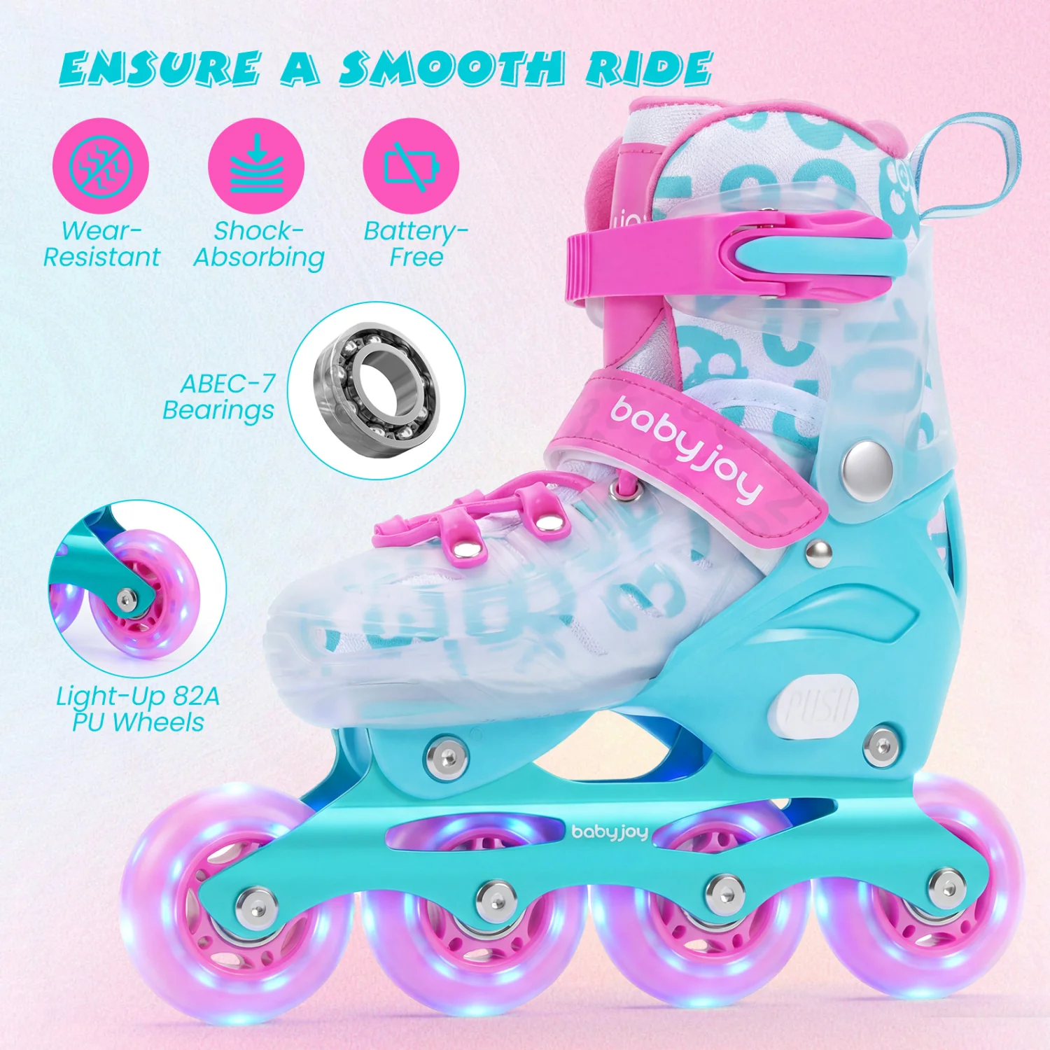 Adjustable Kids Inline Skates, 4-Size, Blue And Pink - Image 8