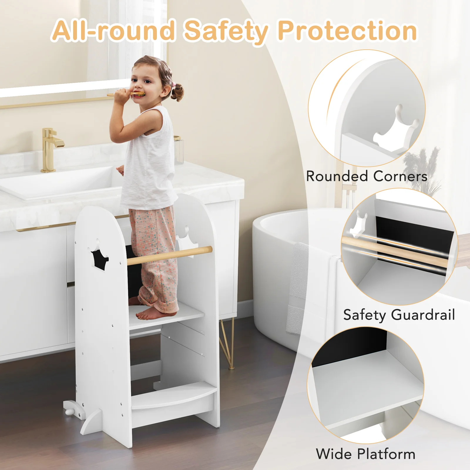 Adjustable Kids Kitchen Tower With Chalkboard, Safety Rail, White - Image 10