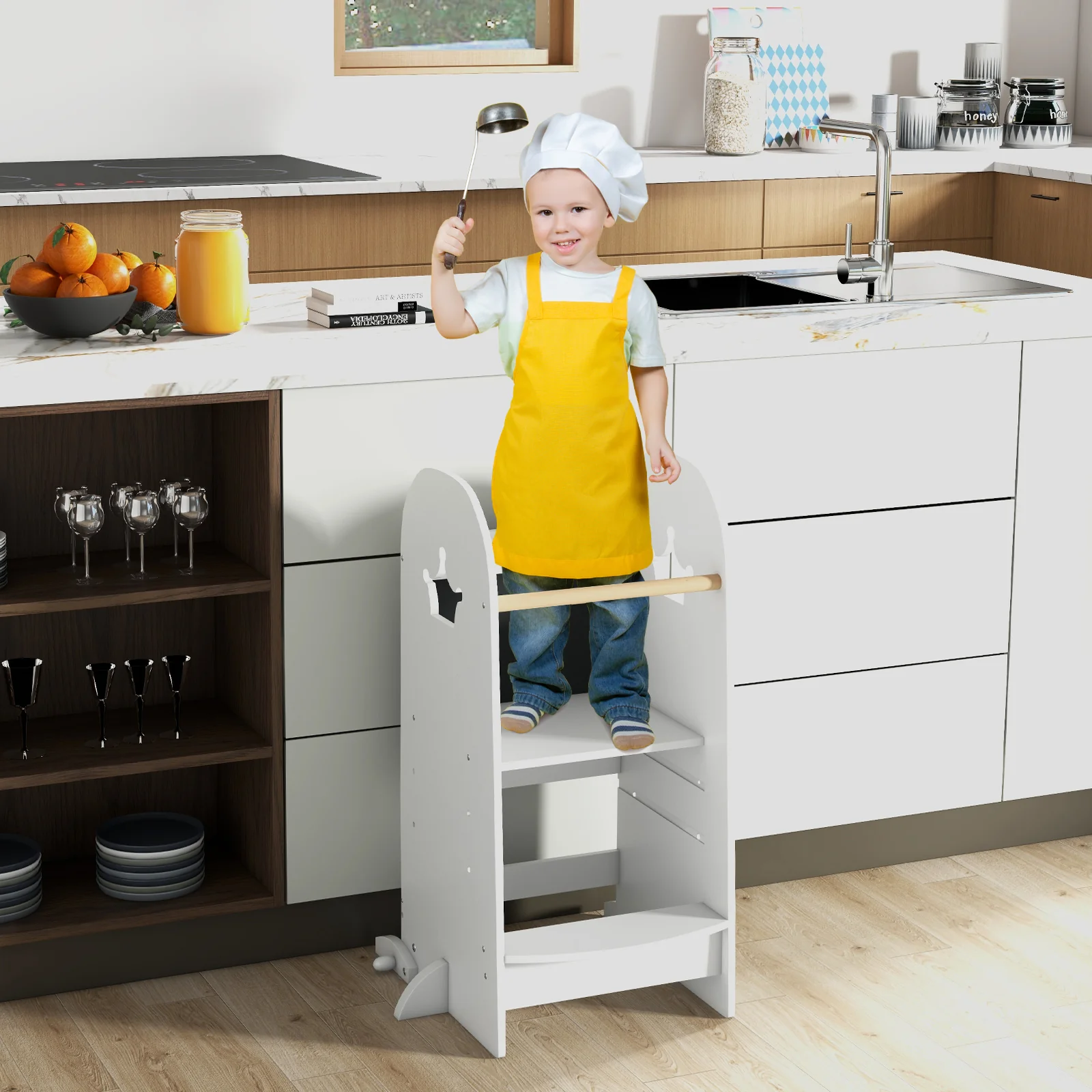 Adjustable Kids Kitchen Tower With Chalkboard, Safety Rail, White - Image 2
