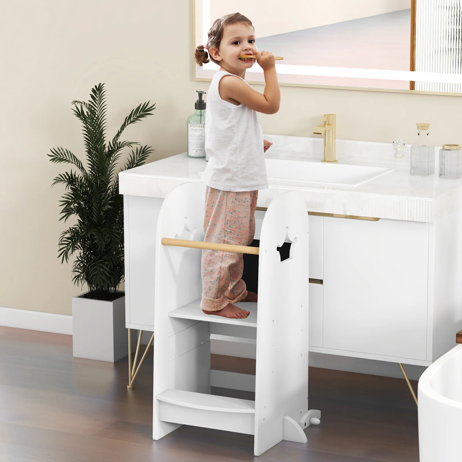 Adjustable Kids Kitchen Tower With Chalkboard, Safety Rail, White - Image 3