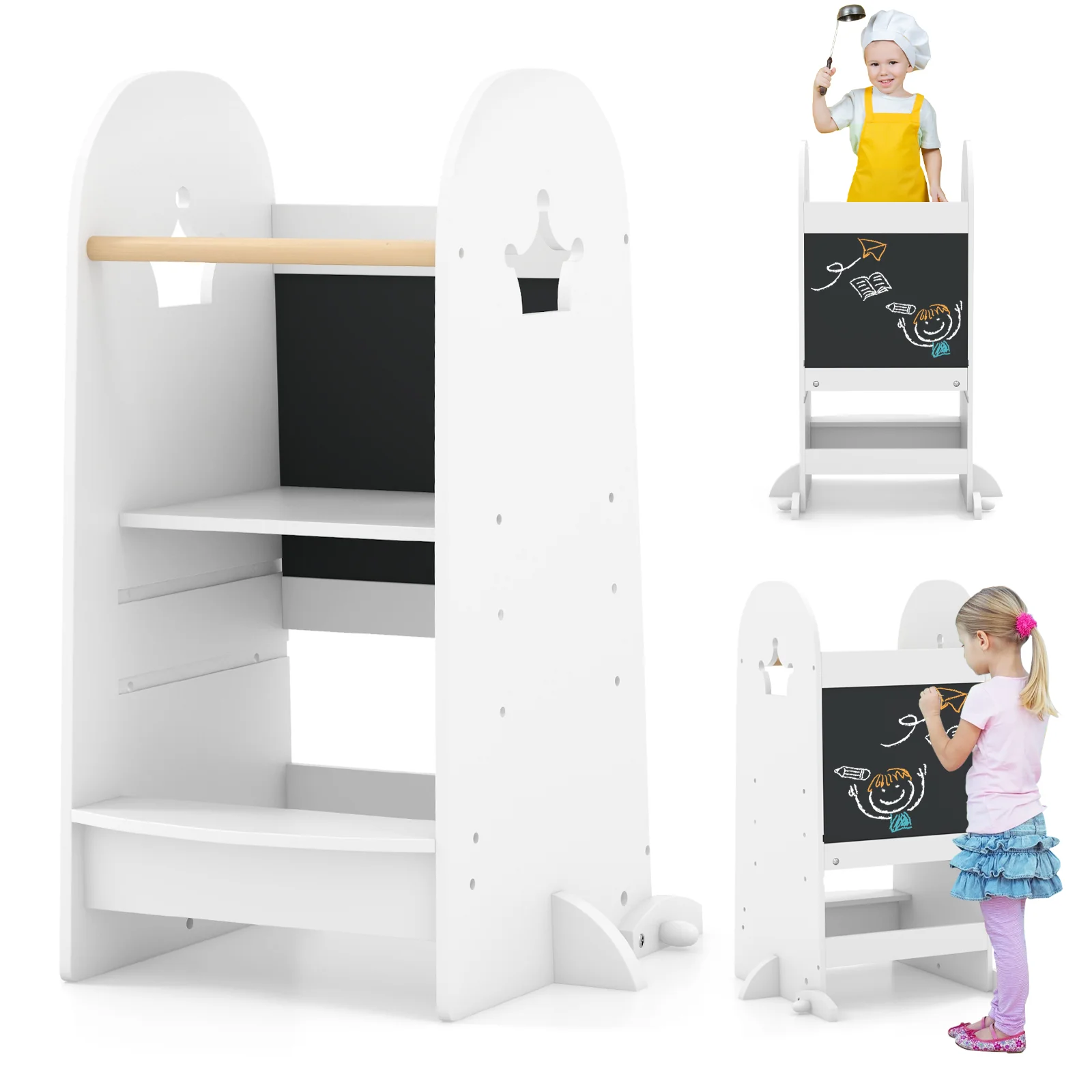 Adjustable Kids Kitchen Tower With Chalkboard, Safety Rail, White - Image 5