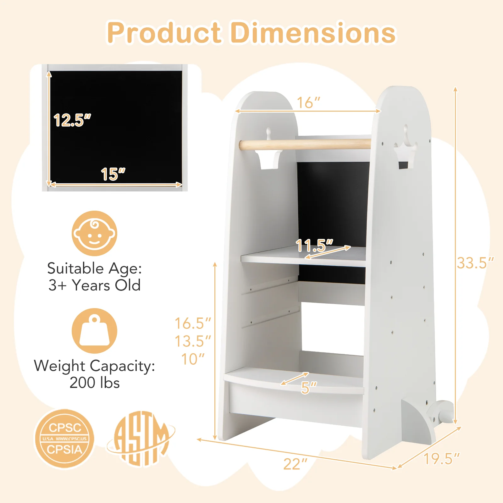 Adjustable Kids Kitchen Tower With Chalkboard, Safety Rail, White - Image 6