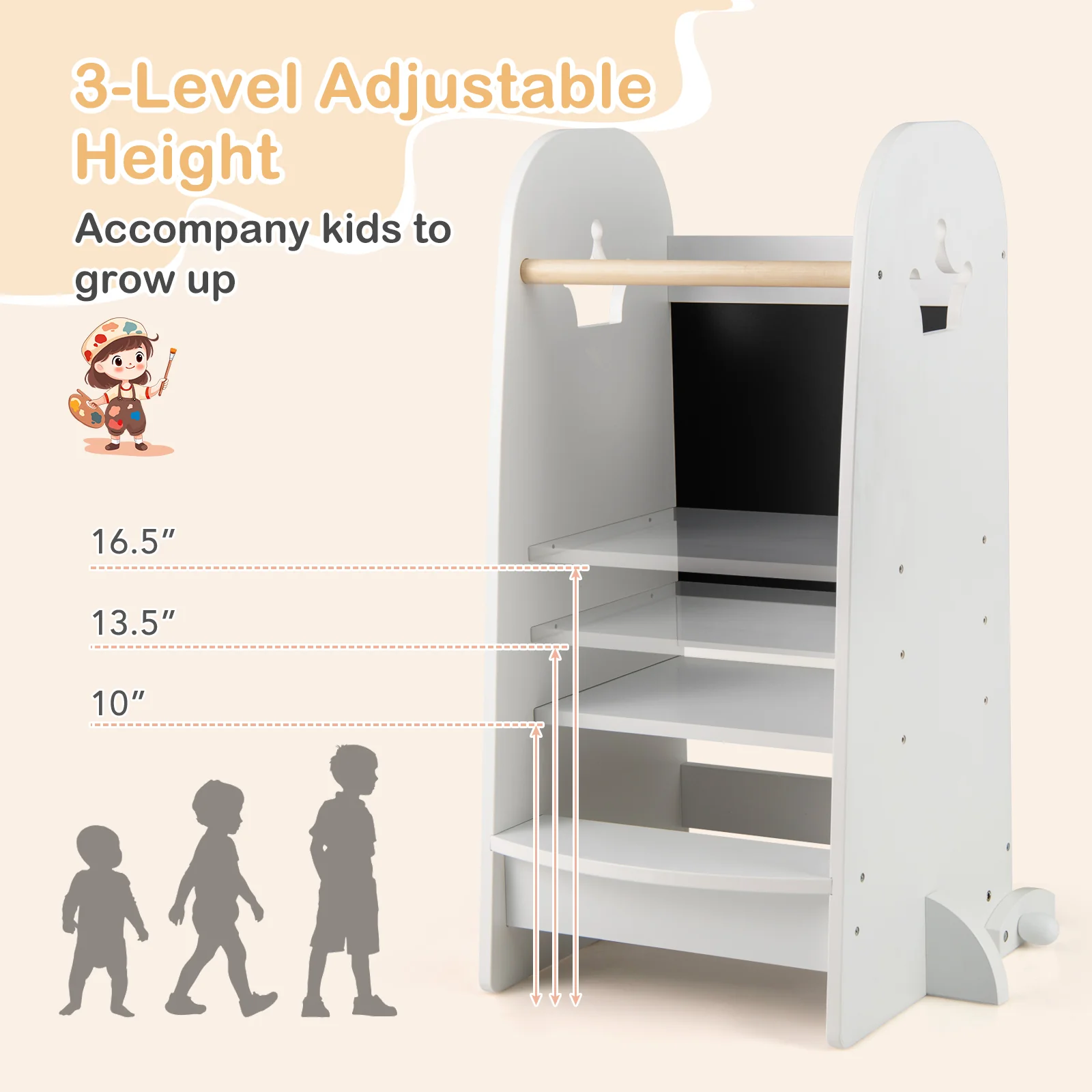 Adjustable Kids Kitchen Tower With Chalkboard, Safety Rail, White - Image 7