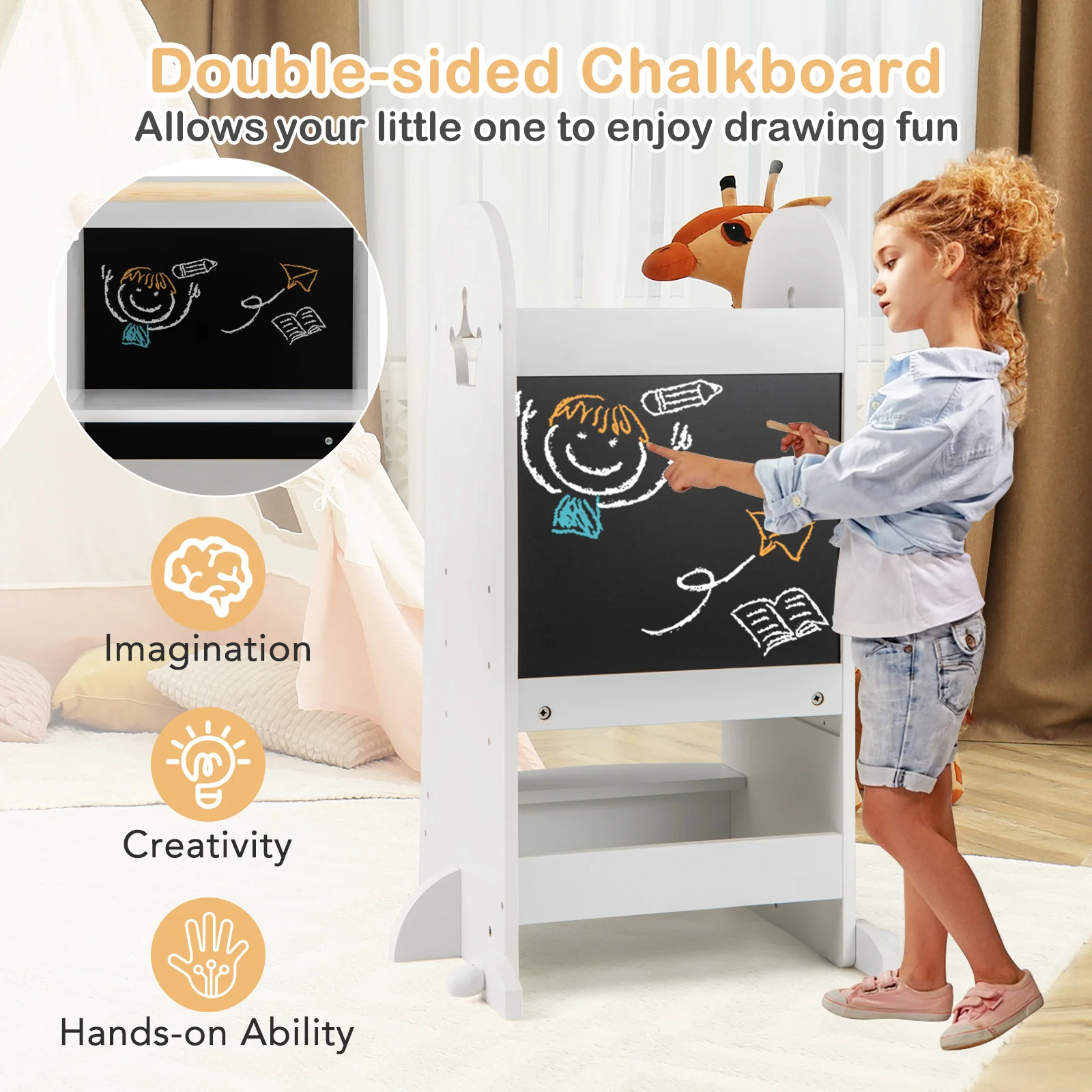 Adjustable Kids Kitchen Tower With Chalkboard, Safety Rail, White - Image 8