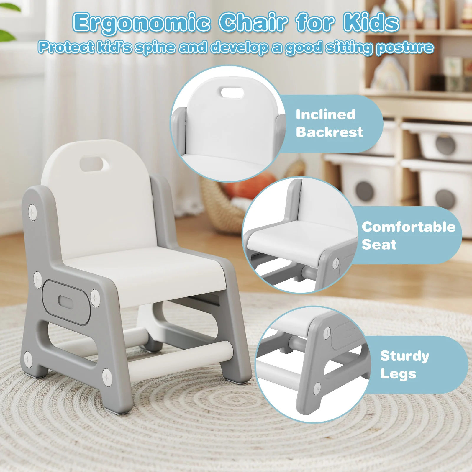 Adjustable Kids Table Chair Set, Tiltable Whiteboard, Concave Shelf, Gray - Image 10
