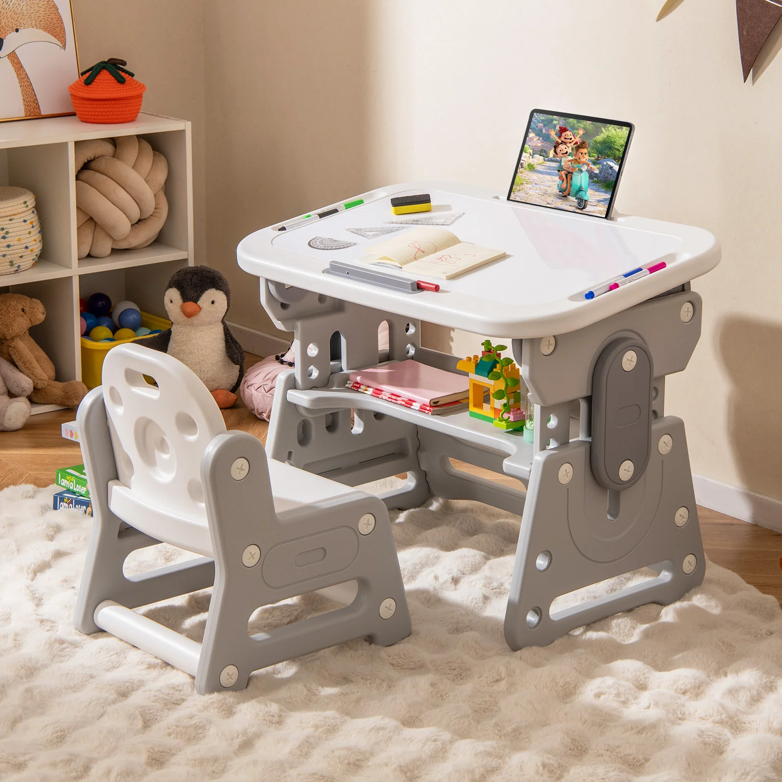 Adjustable Kids Table Chair Set, Tiltable Whiteboard, Concave Shelf, Gray - Image 2